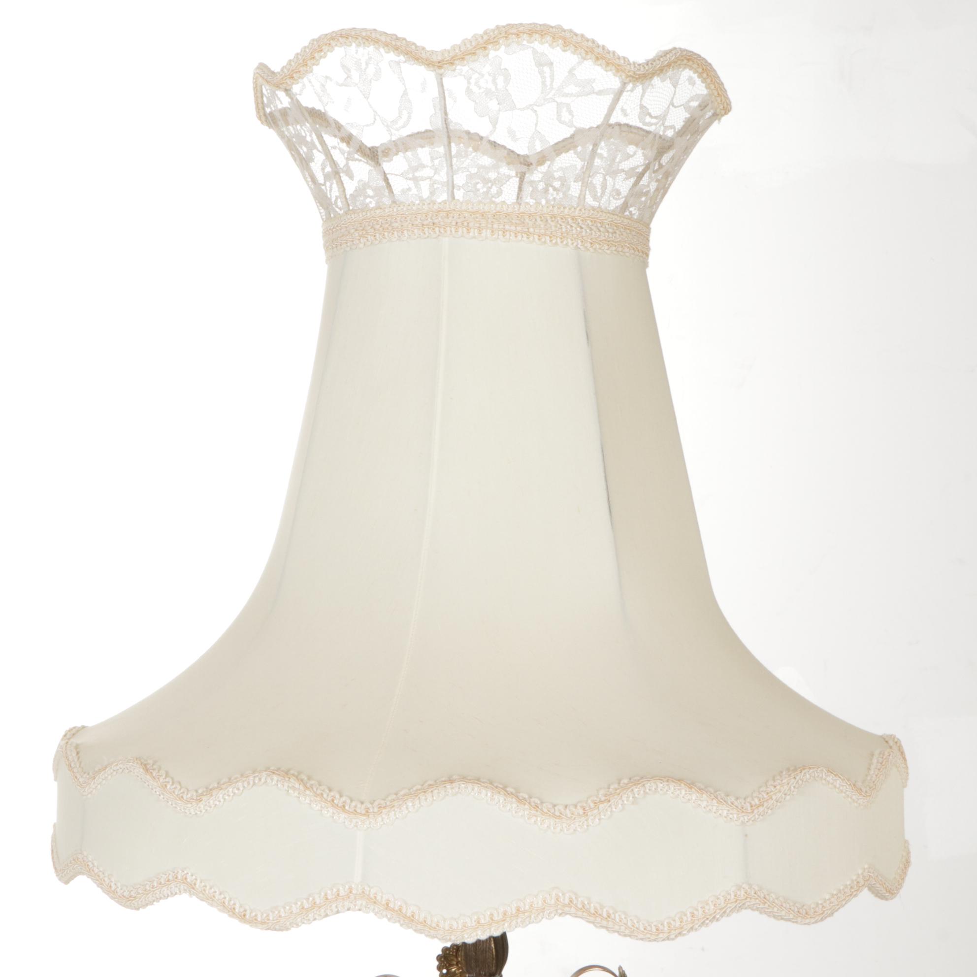 Hollywood Regency Crystal and Filigree Metal Table Lamps, Victorian Lace Shades