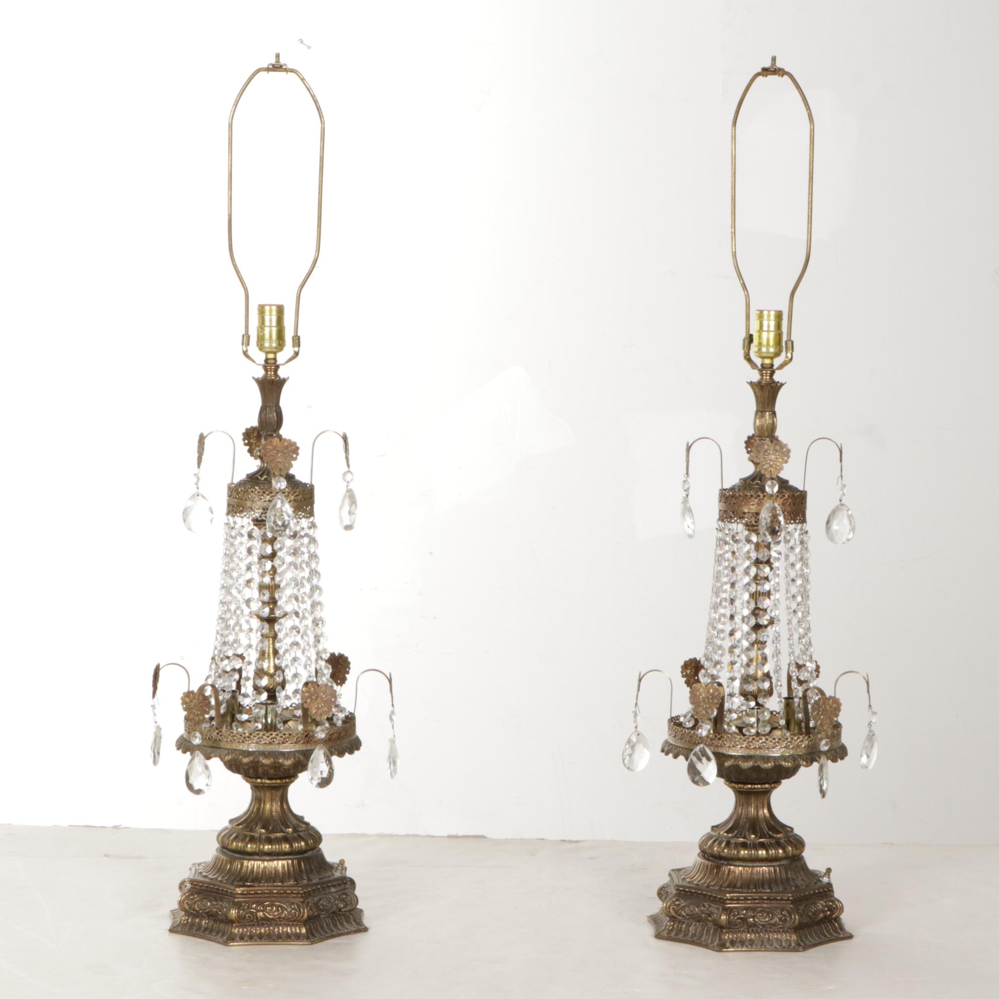 Hollywood Regency Crystal and Filigree Metal Table Lamps, Victorian Lace Shades