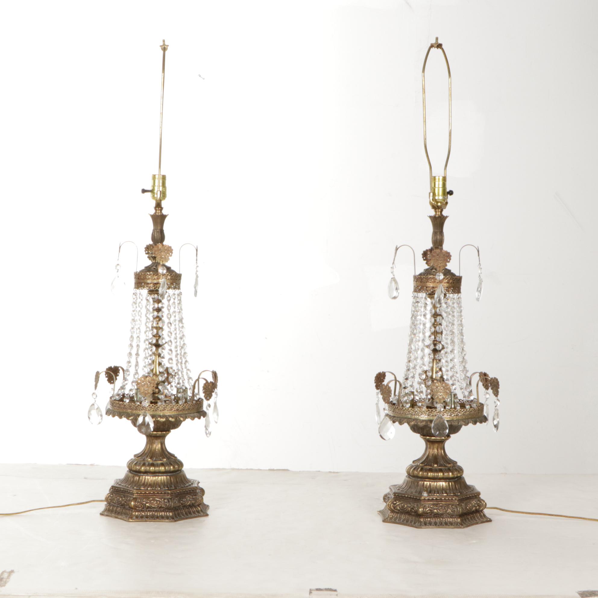 Hollywood Regency Crystal and Filigree Metal Table Lamps, Victorian Lace Shades