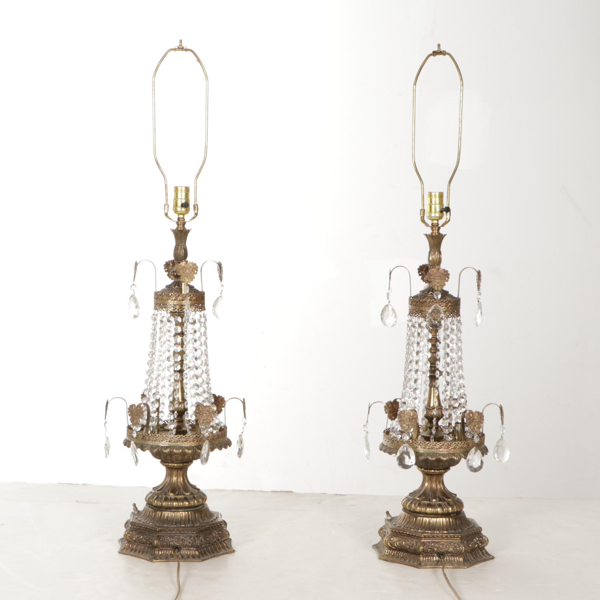 Hollywood Regency Crystal and Filigree Metal Table Lamps, Victorian Lace Shades