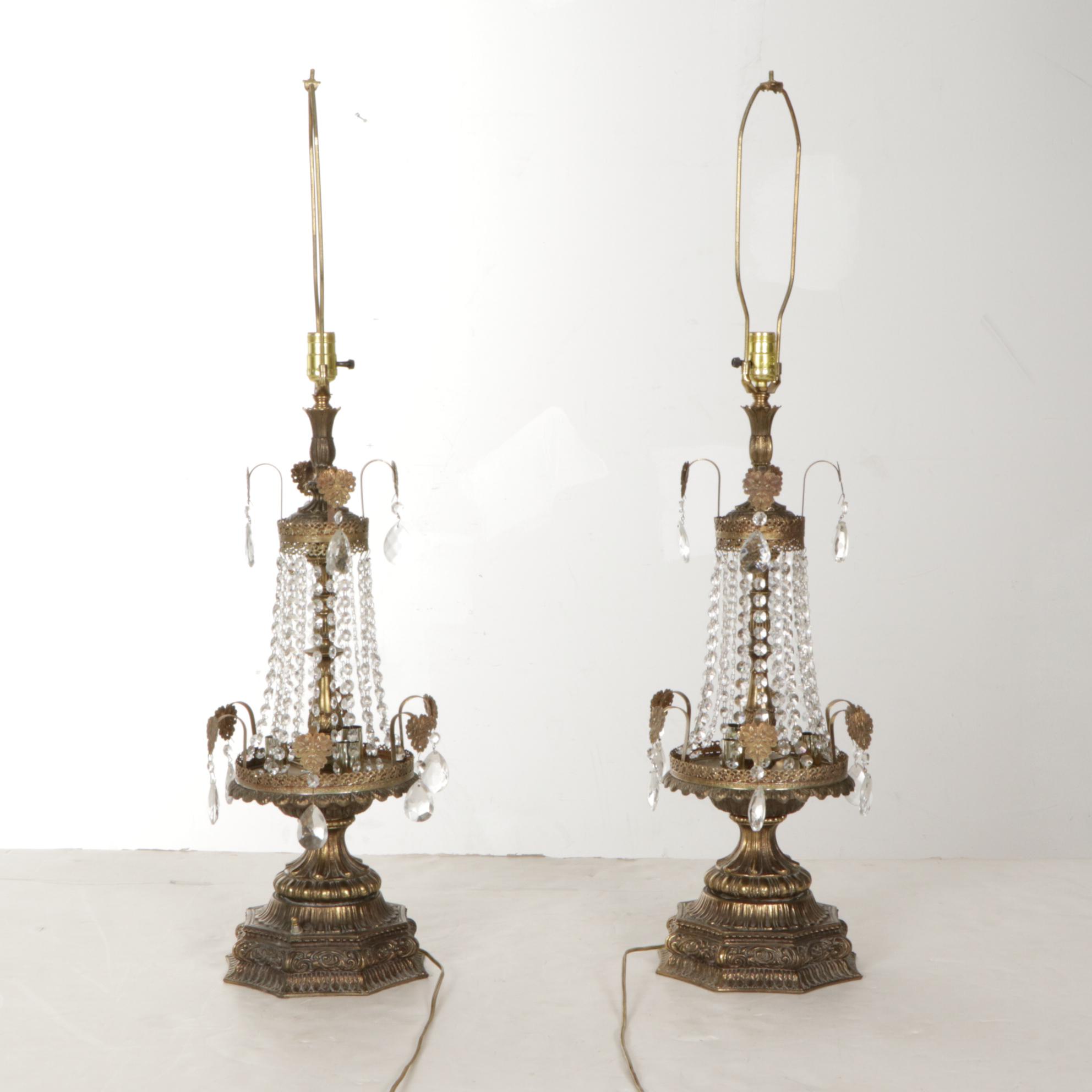 Hollywood Regency Crystal and Filigree Metal Table Lamps, Victorian Lace Shades