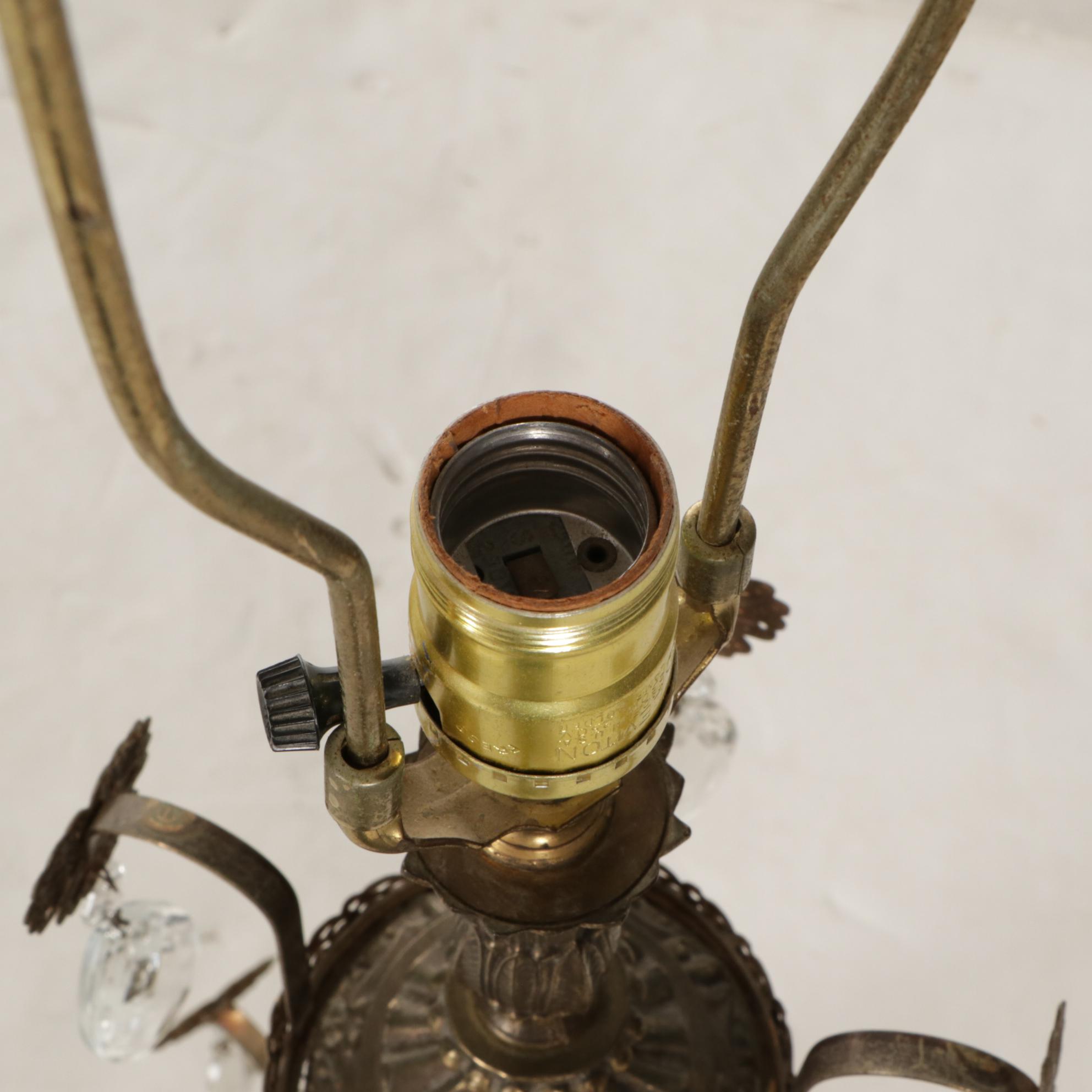 Hollywood Regency Crystal and Filigree Metal Table Lamps, Victorian Lace Shades