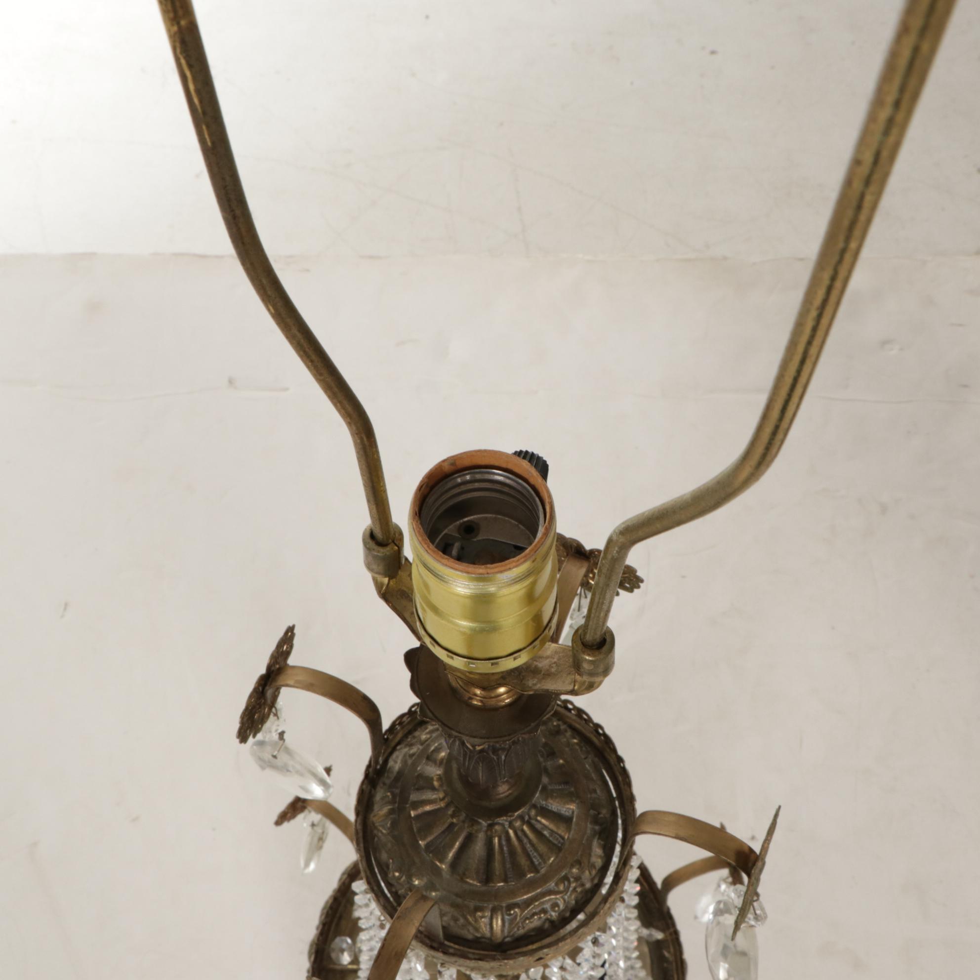 Hollywood Regency Crystal and Filigree Metal Table Lamps, Victorian Lace Shades