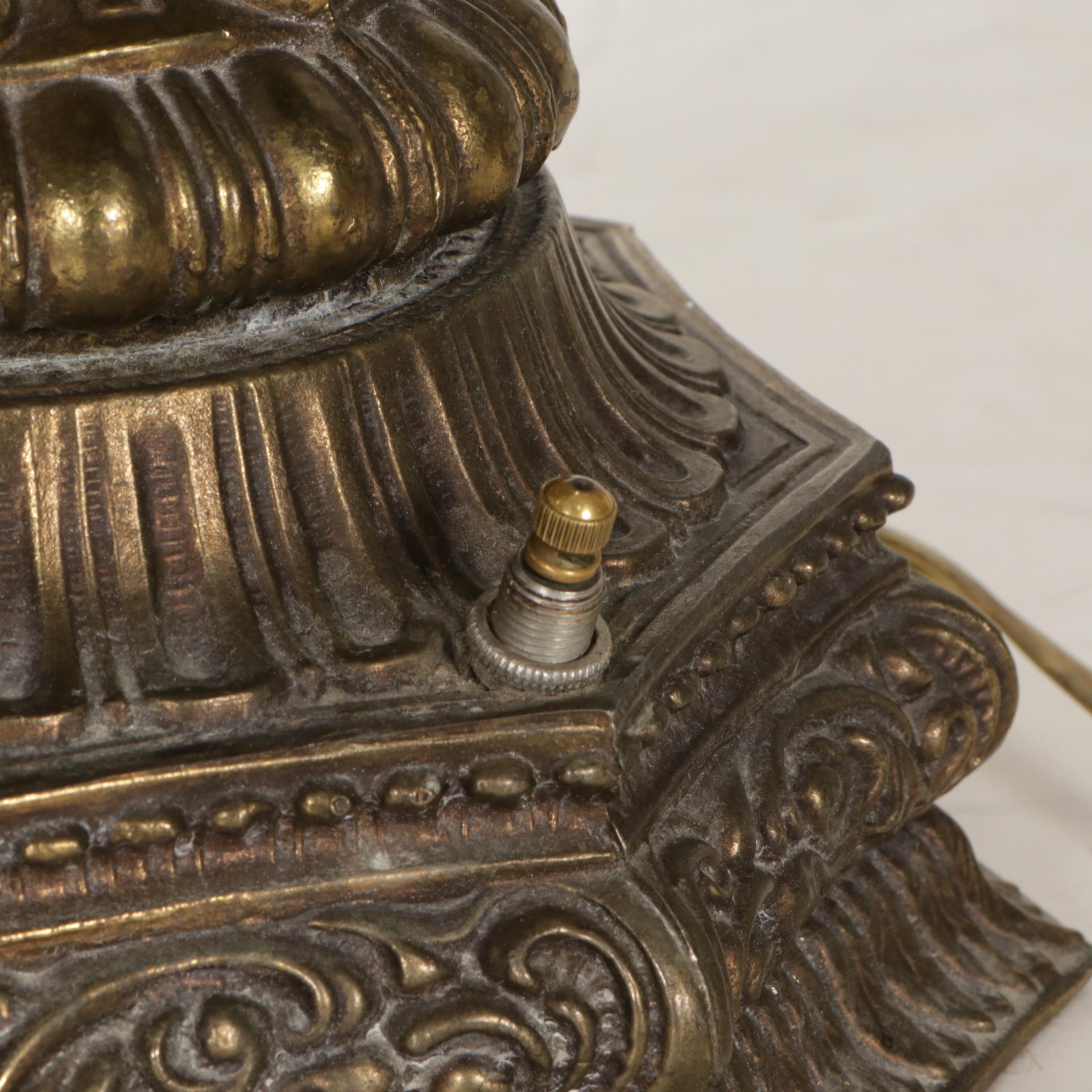 Hollywood Regency Crystal and Filigree Metal Table Lamps, Victorian Lace Shades