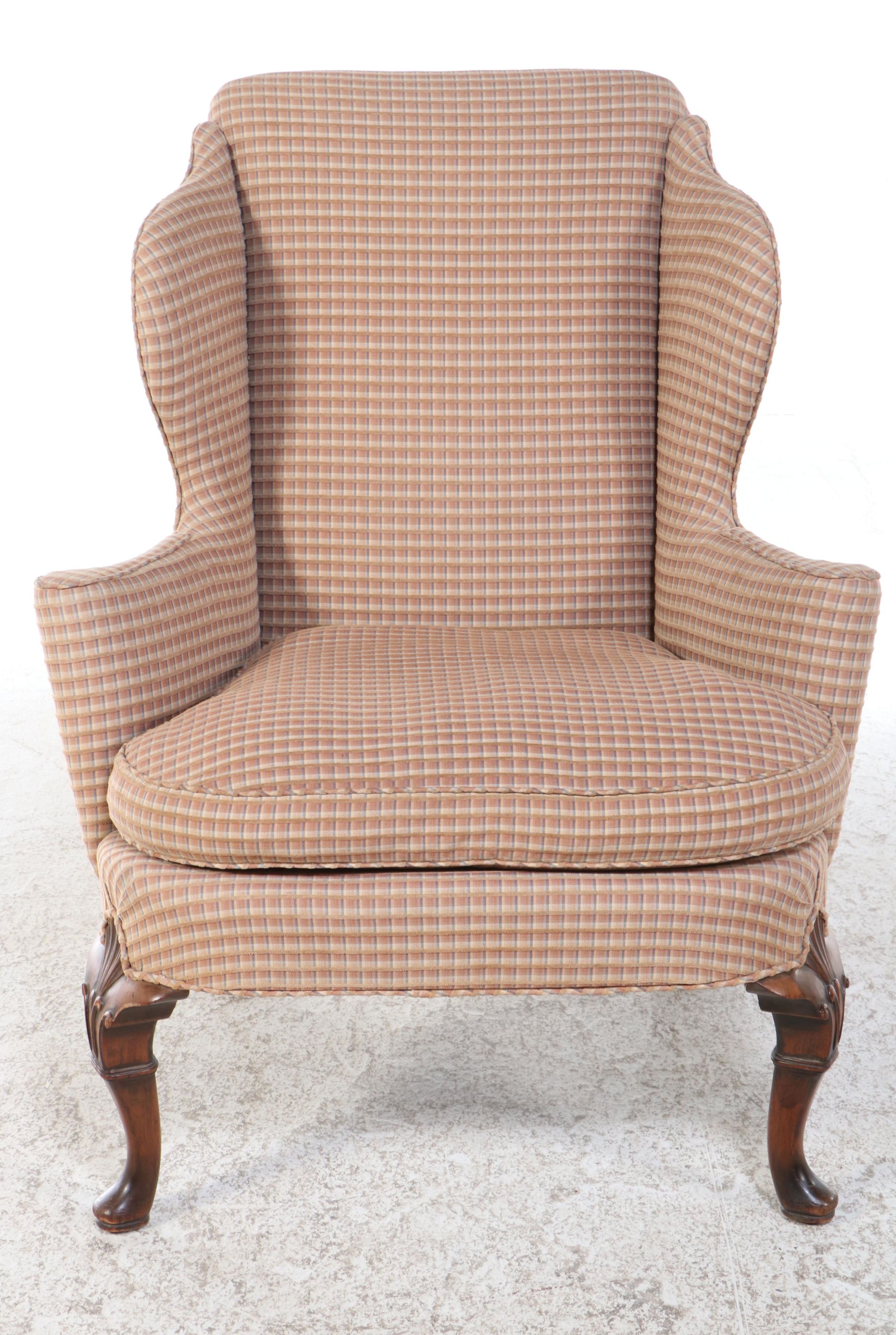 Queen Anne Style Mahogany & Custom-Upholstered Wingback Chair, 20th Century