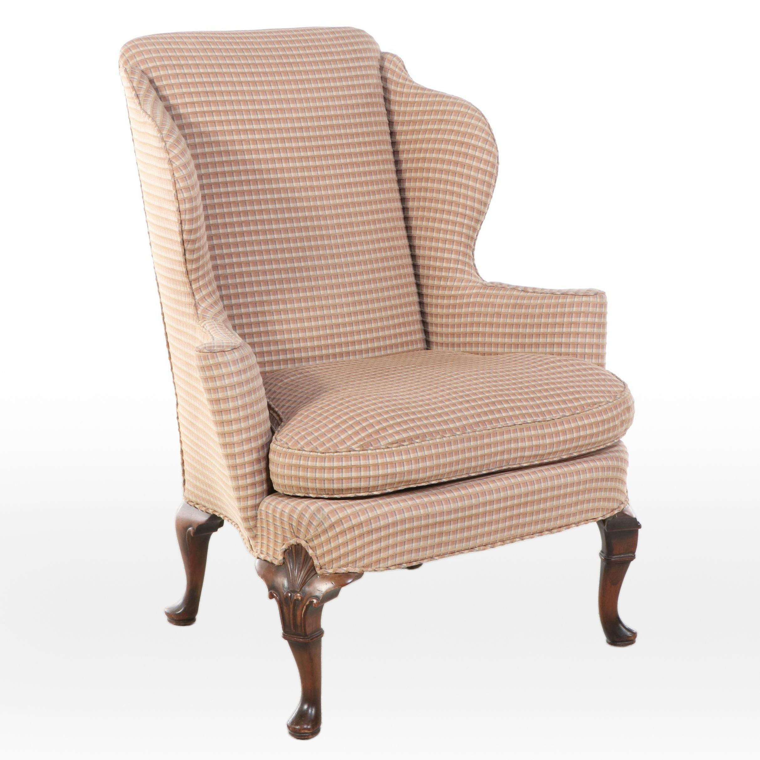 Queen Anne Style Mahogany & Custom-Upholstered Wingback Chair, 20th Century