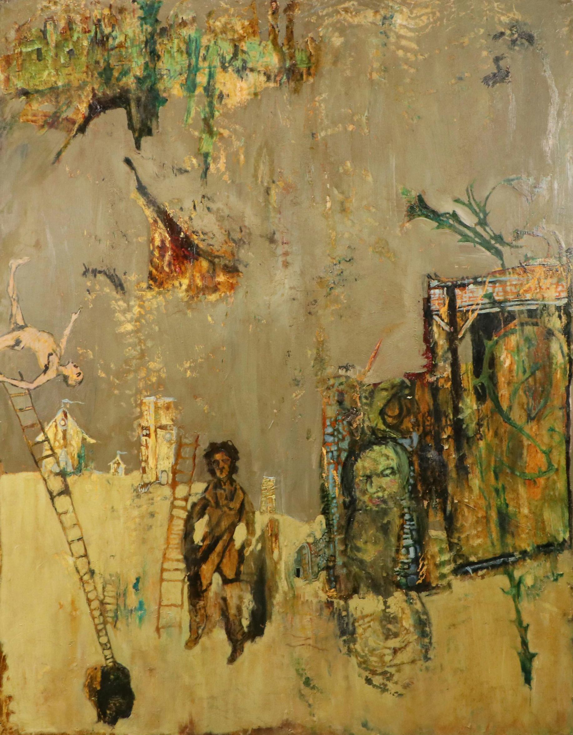 Lowell Boyers Oil Painting "Urban Wing on Fire From Desire Or Camus' Dream"