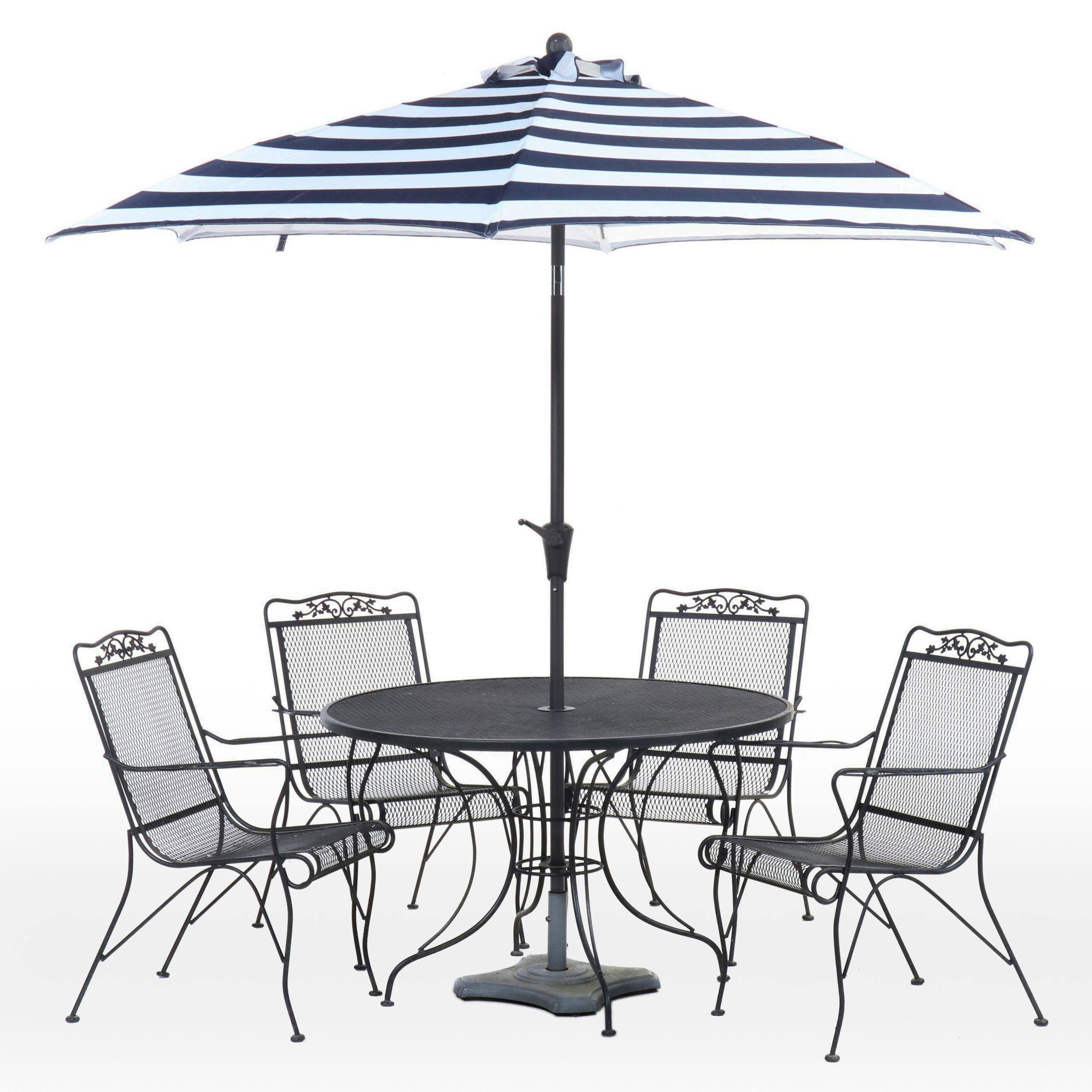 Five-Piece Wrought Iron Patio Dining Set with Umbrella and Stand
