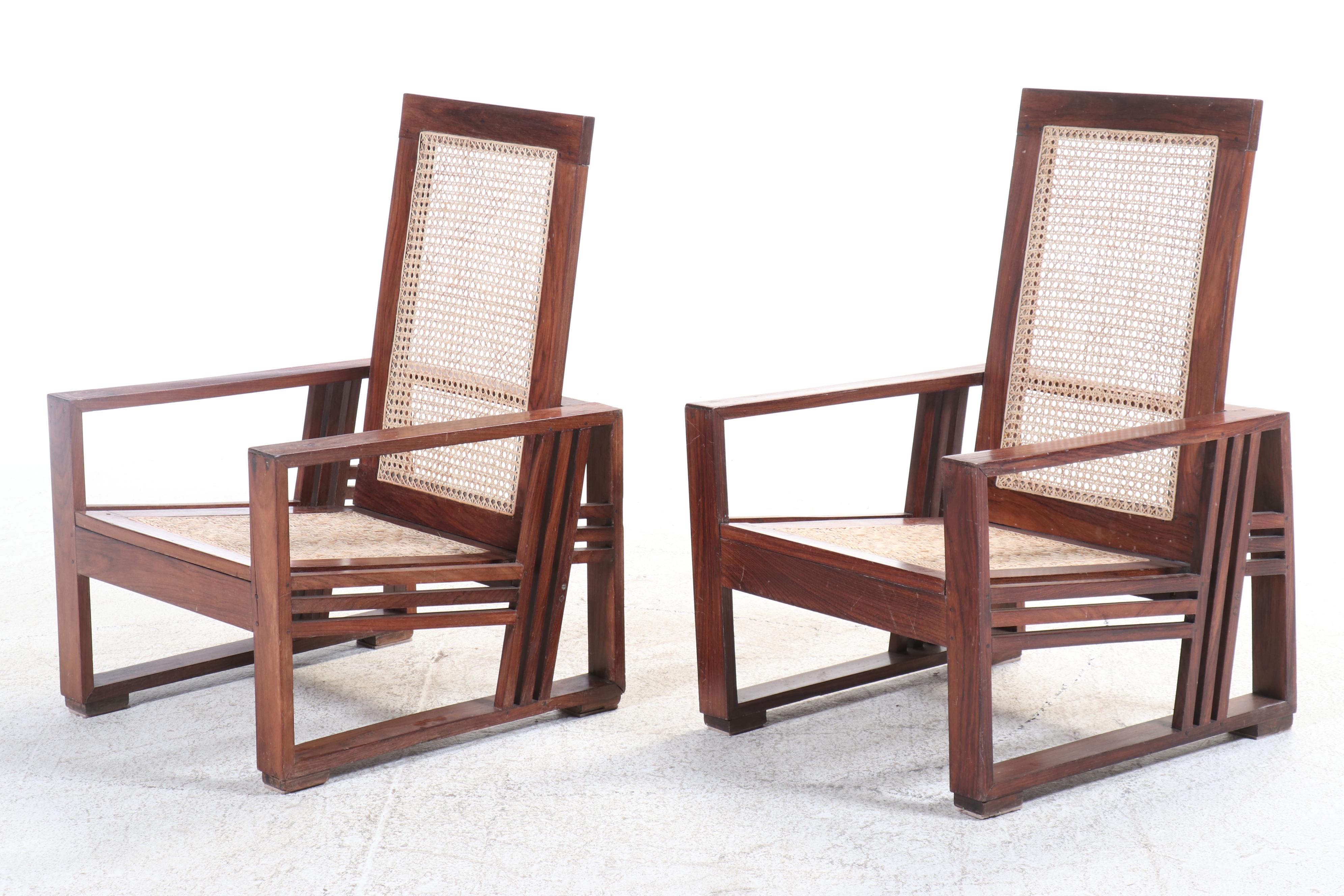 Pair of Art Deco Style Rosewood and Caned Lounge Chairs, 20th Century