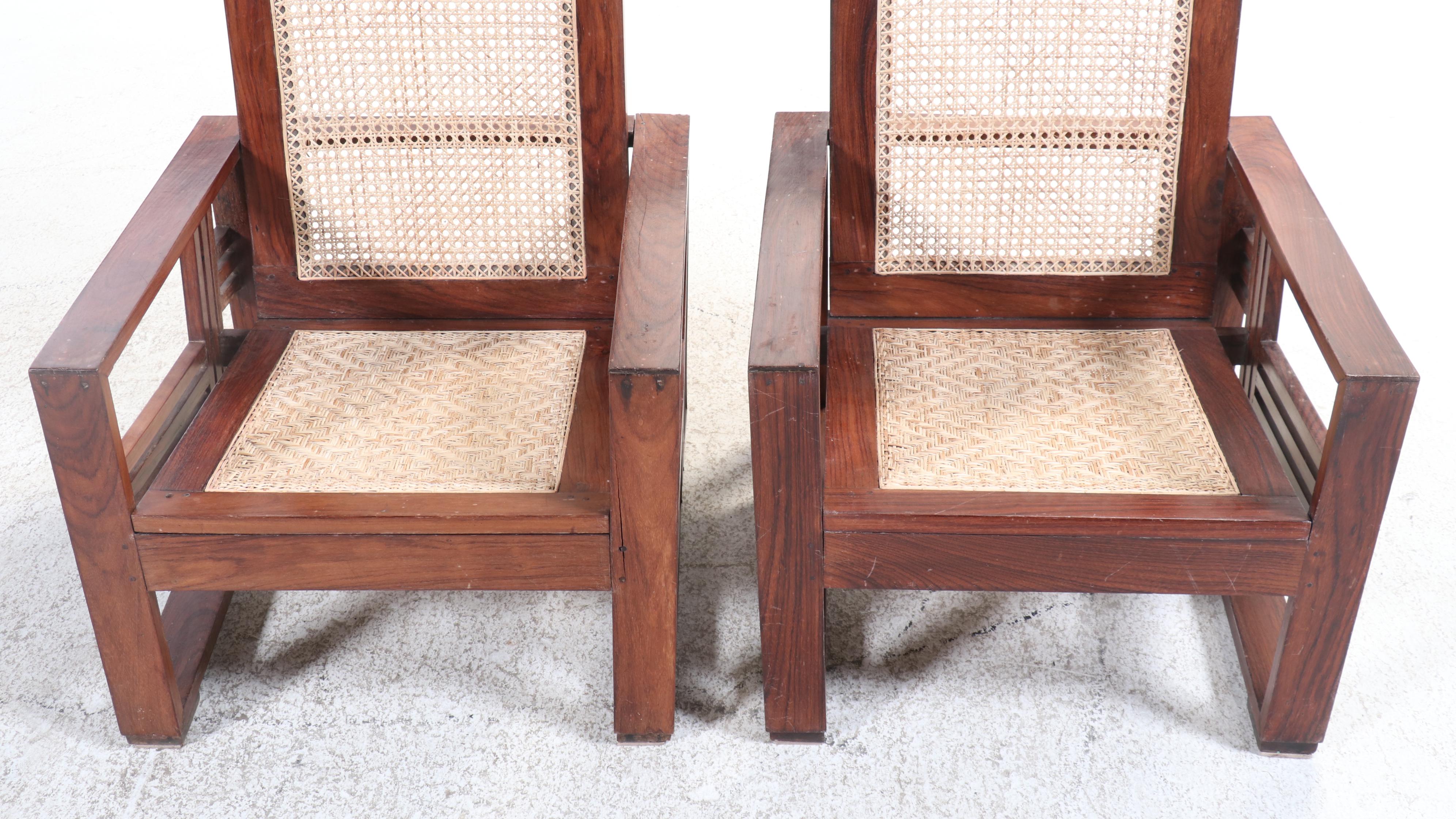 Pair of Art Deco Style Rosewood and Caned Lounge Chairs, 20th Century