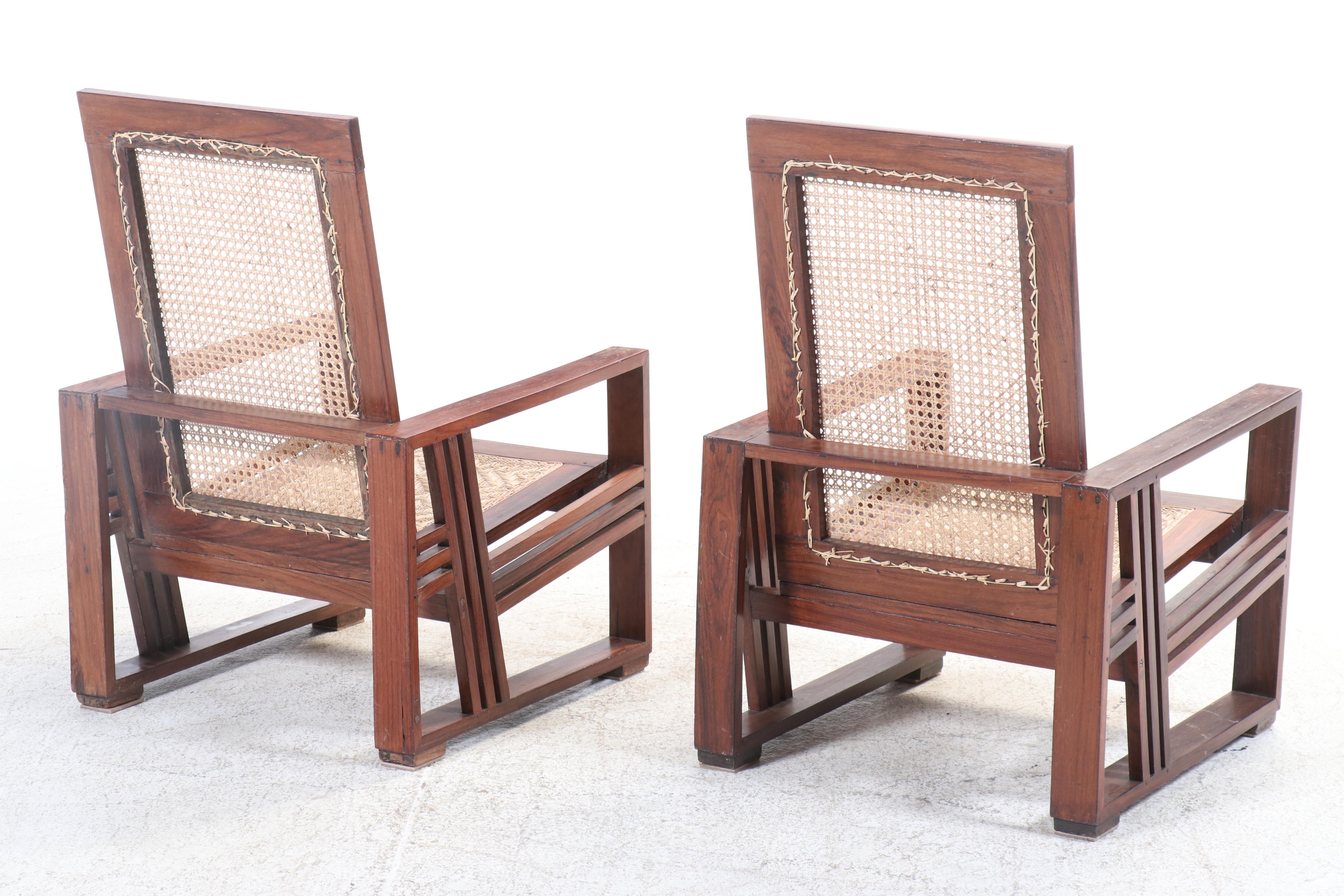 Pair of Art Deco Style Rosewood and Caned Lounge Chairs, 20th Century