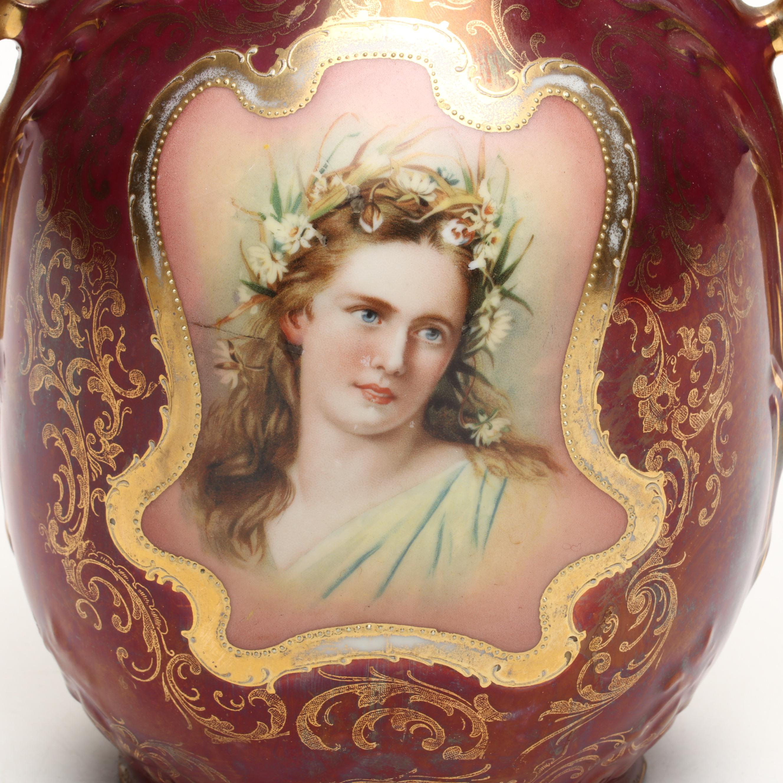 Royal Saxe E.S. Germany Gilt Porcelain Female Portrait Decanter