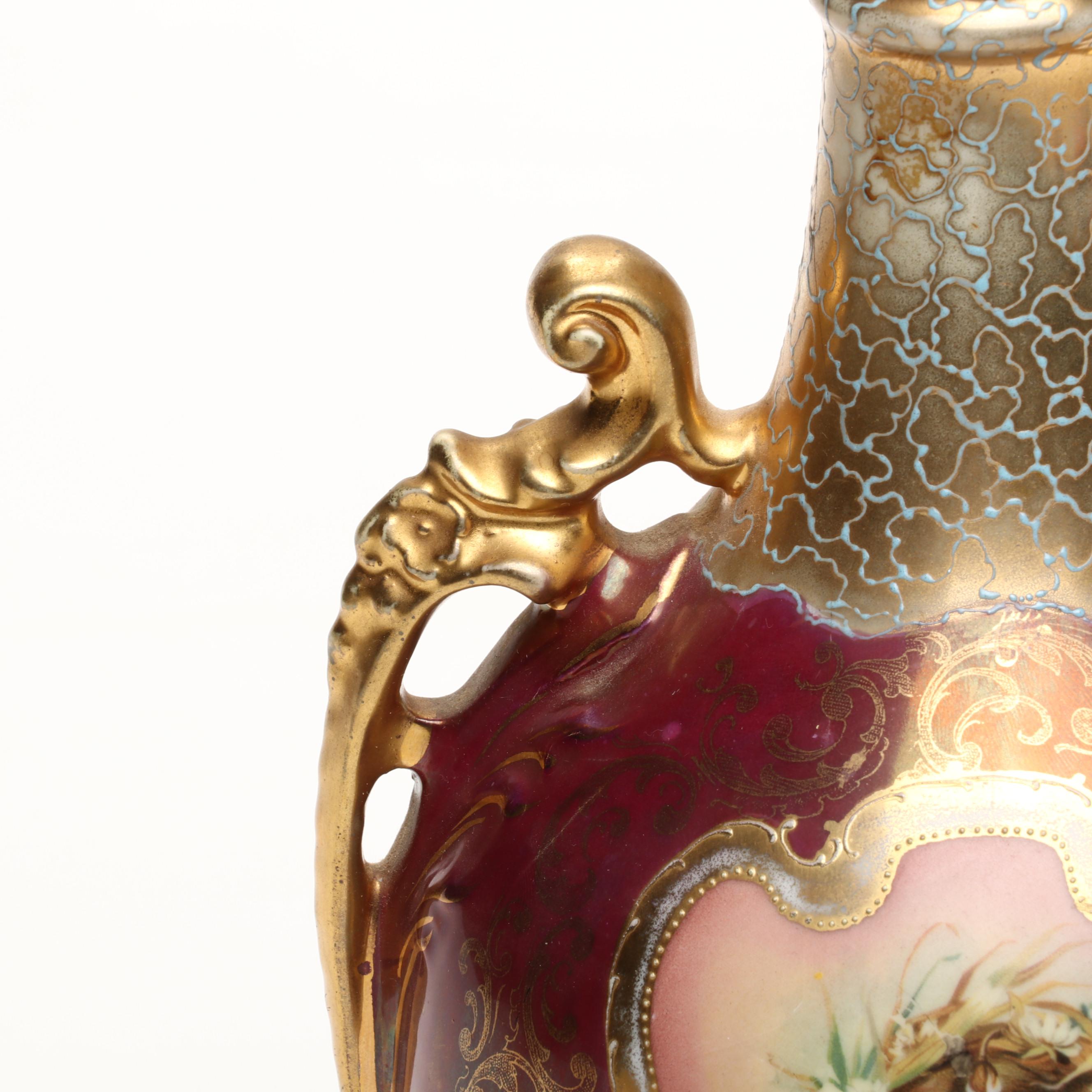 Royal Saxe E.S. Germany Gilt Porcelain Female Portrait Decanter