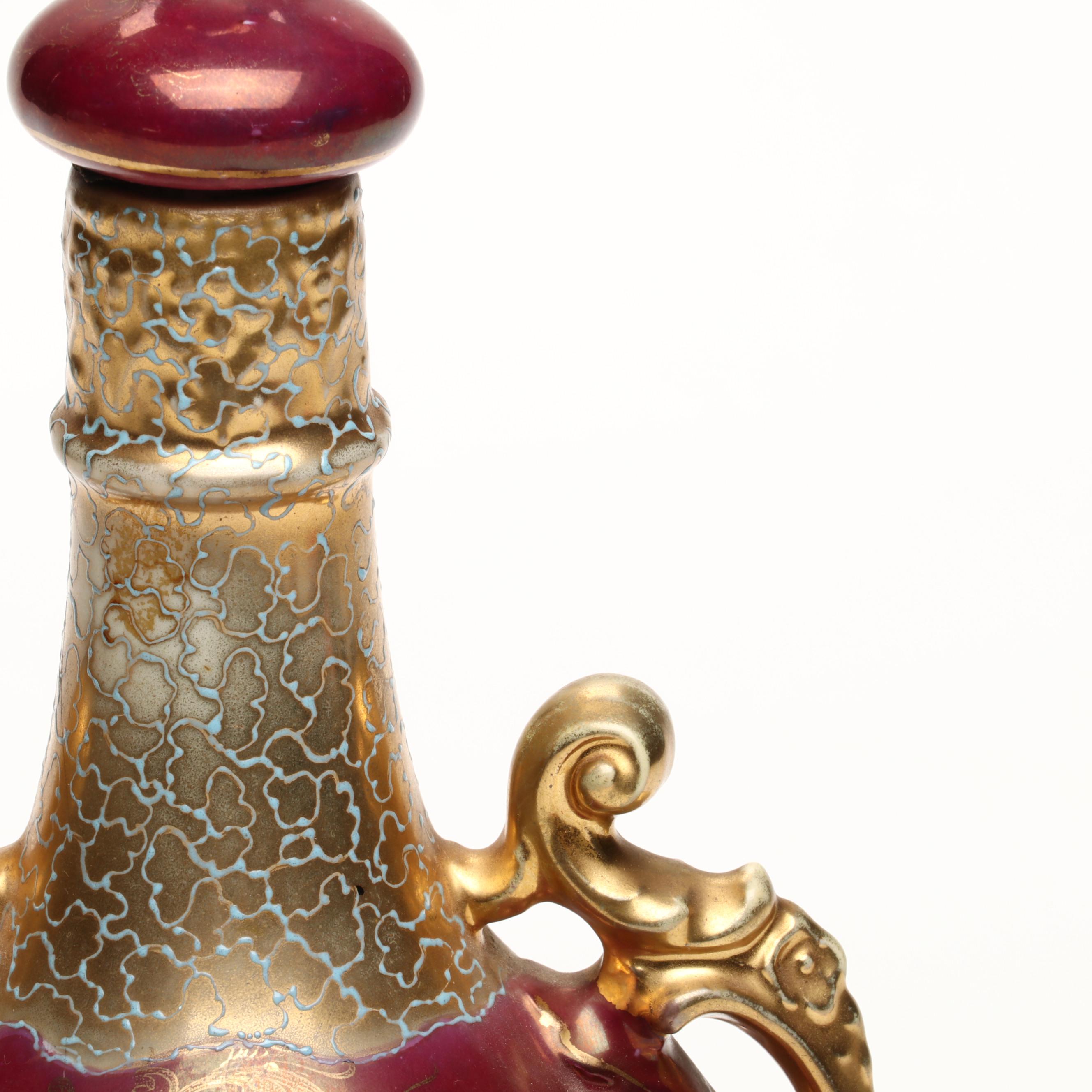 Royal Saxe E.S. Germany Gilt Porcelain Female Portrait Decanter