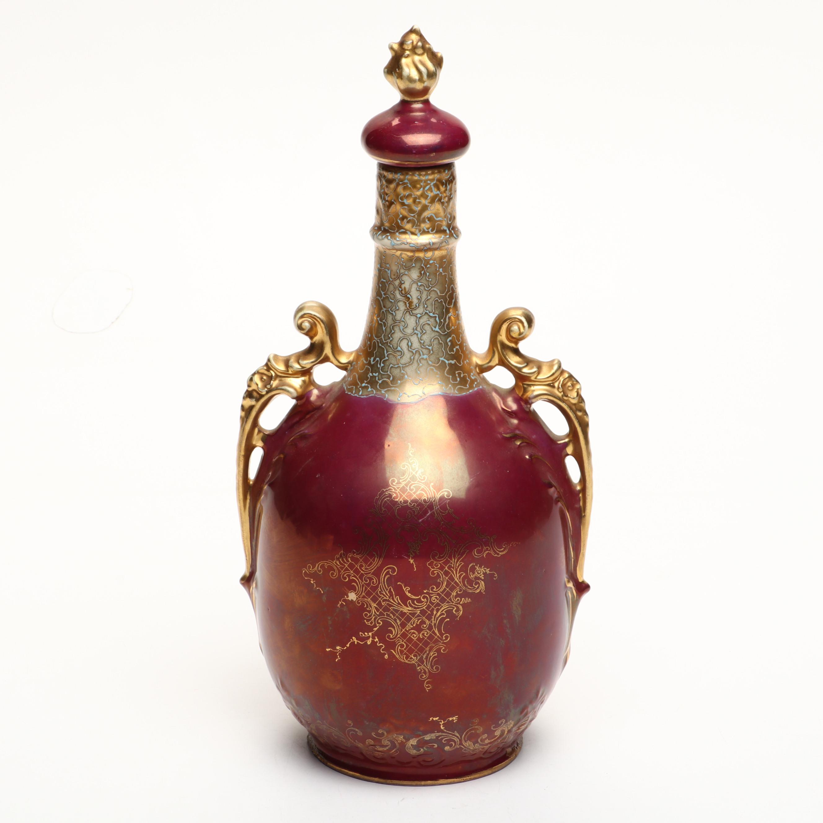 Royal Saxe E.S. Germany Gilt Porcelain Female Portrait Decanter