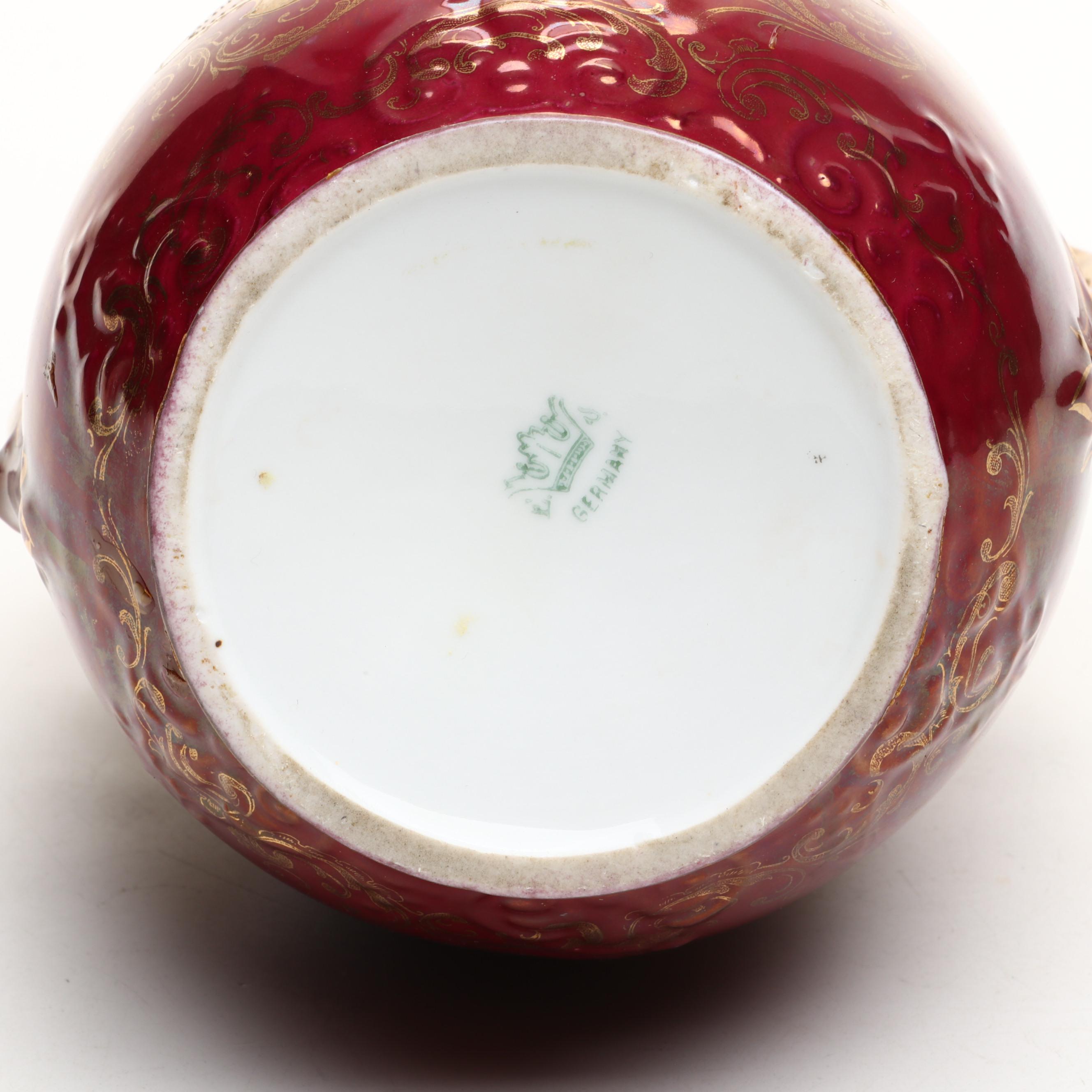 Royal Saxe E.S. Germany Gilt Porcelain Female Portrait Decanter