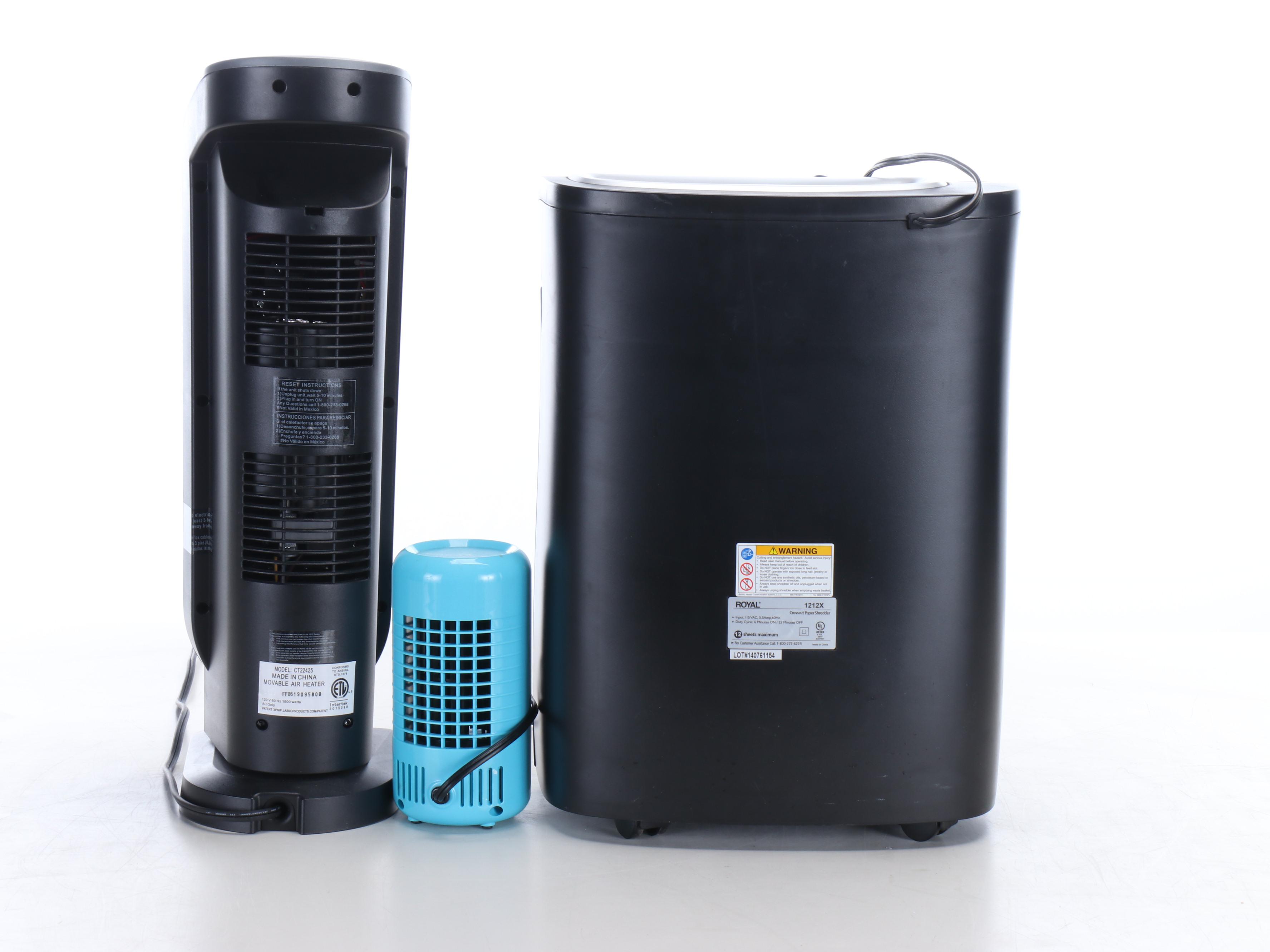 Lasko Space Heater,  Air Monster Fan, and Royal Crosscut Paper Shredder