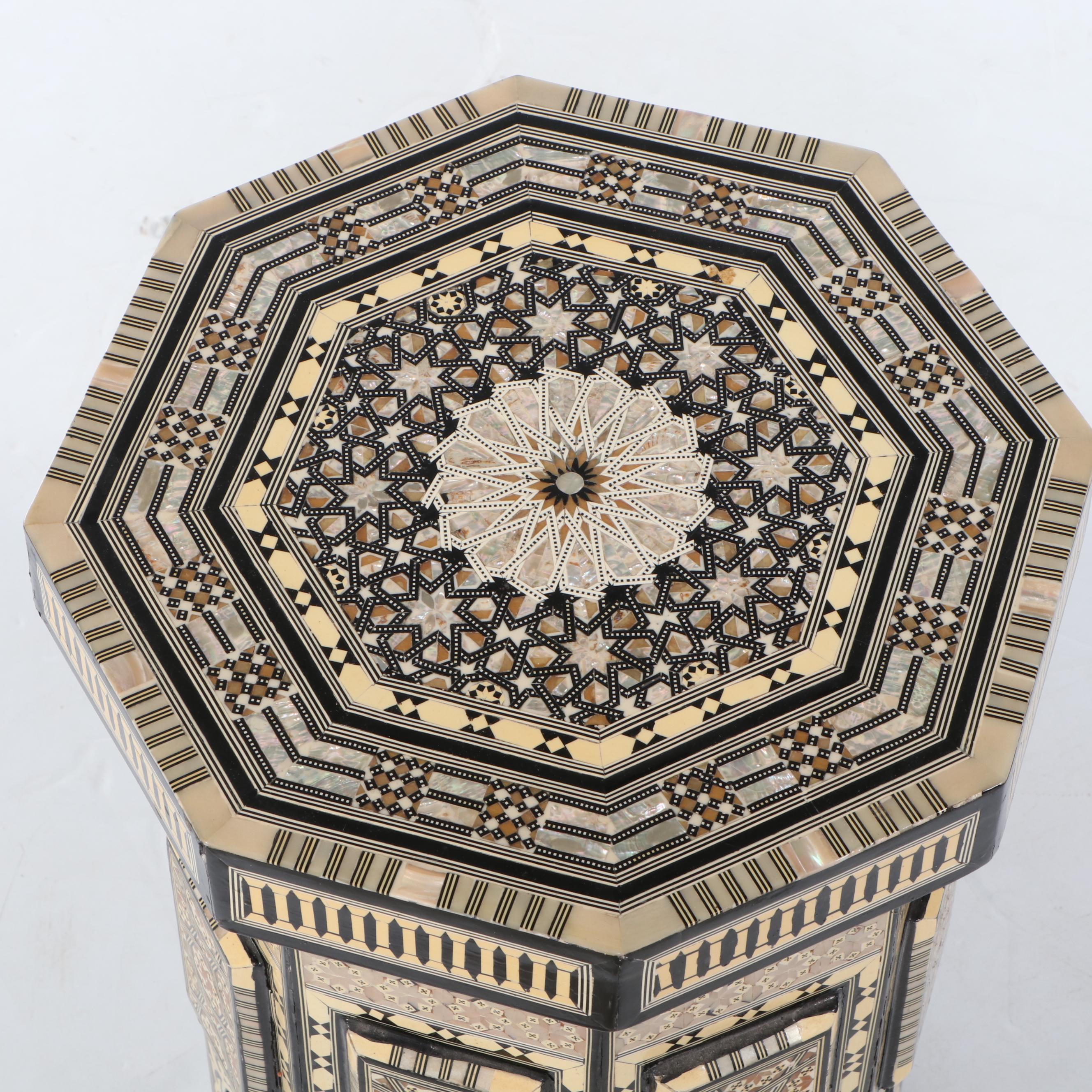 Moroccan Style Bone Inlaid and Lacquered Wood Side Table with Storage