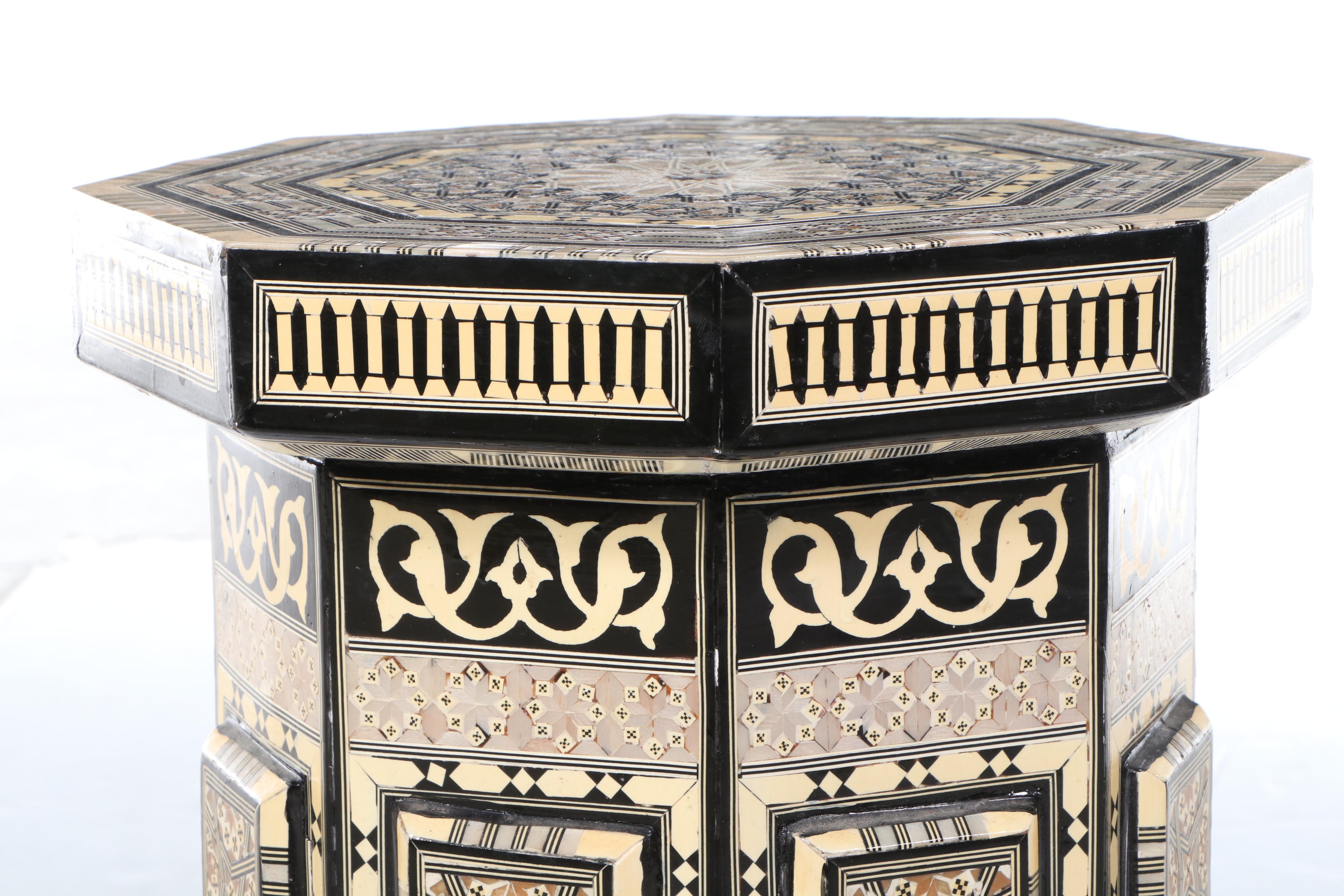 Moroccan Style Bone Inlaid and Lacquered Wood Side Table with Storage