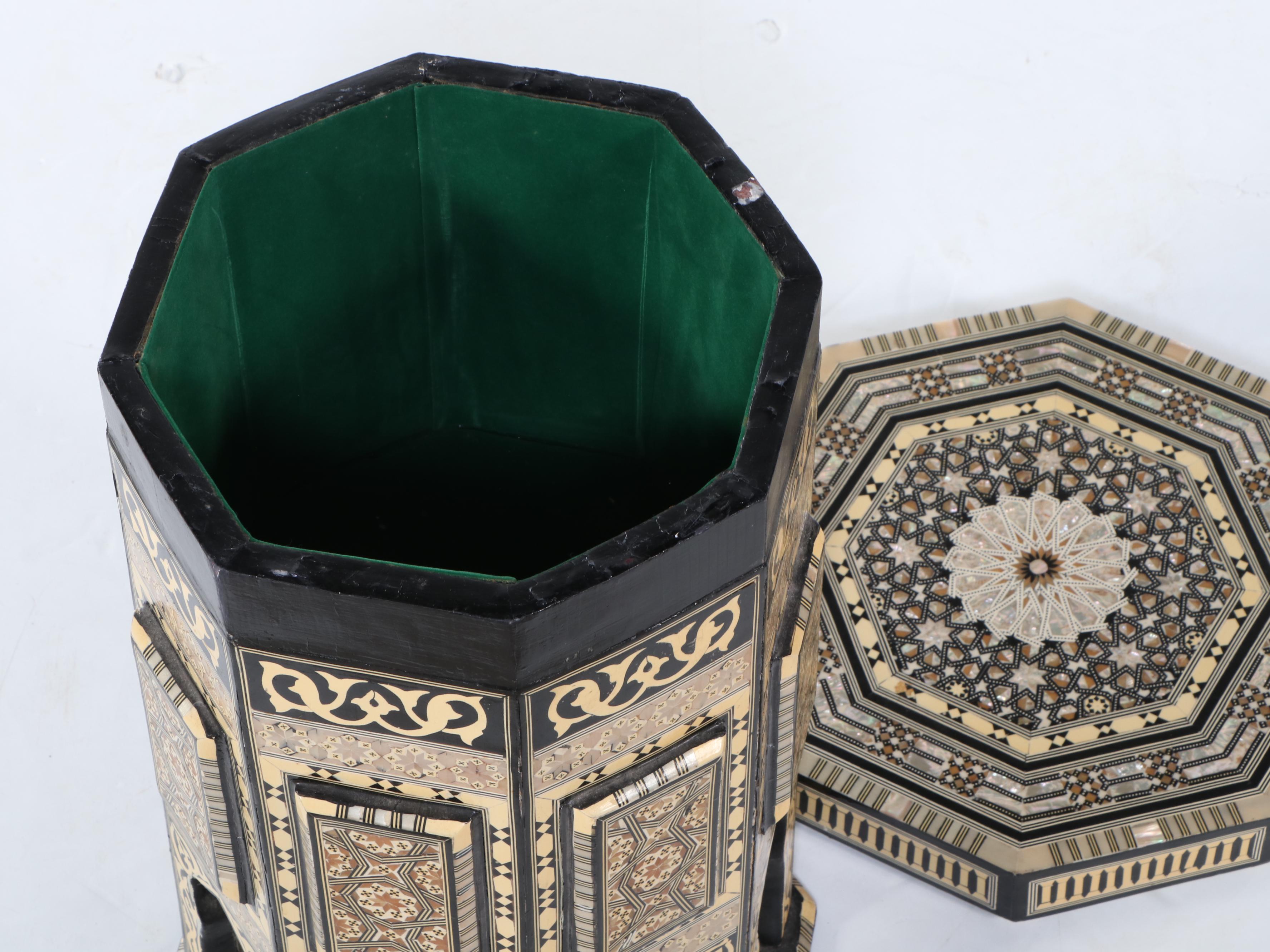 Moroccan Style Bone Inlaid and Lacquered Wood Side Table with Storage