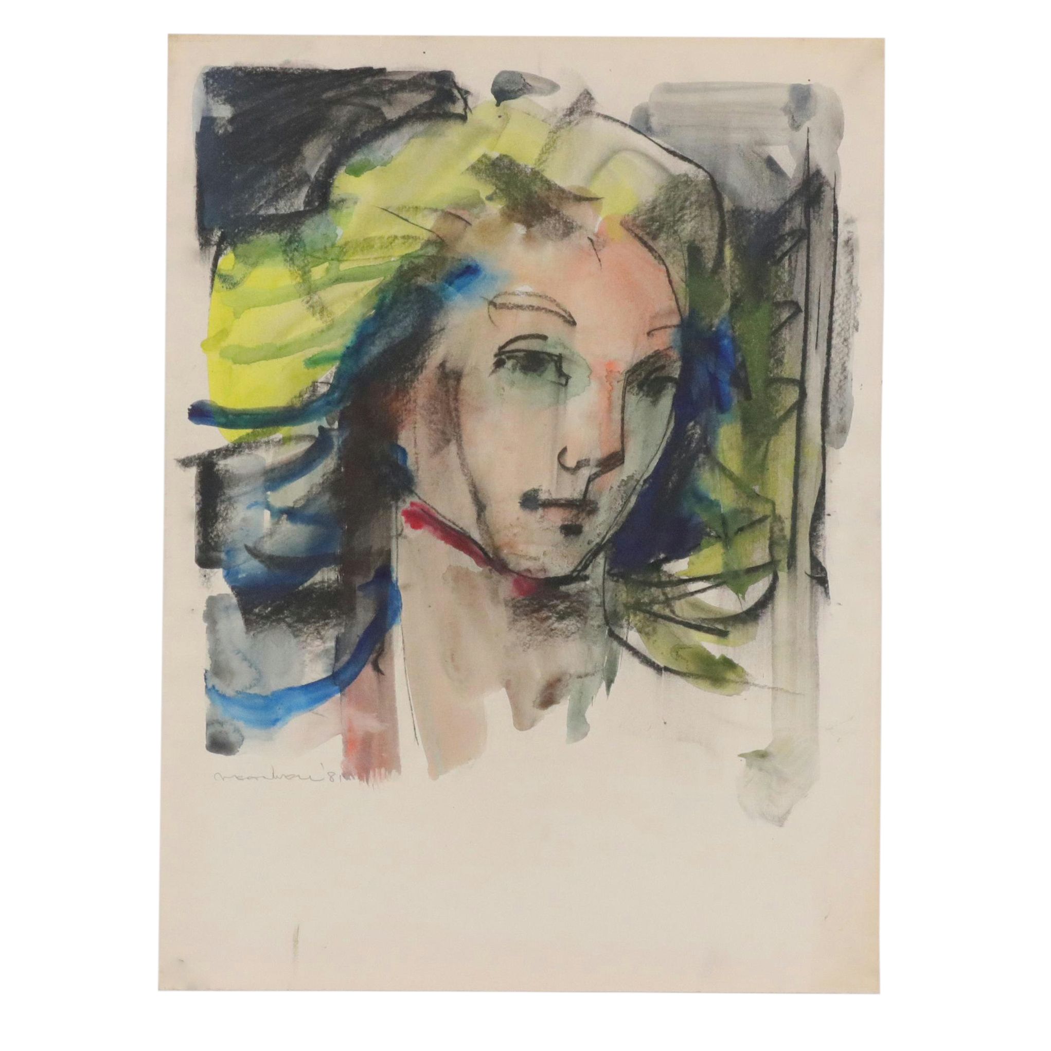 Jack Meanwell Abstract Portrait Watercolor Painting, 1981