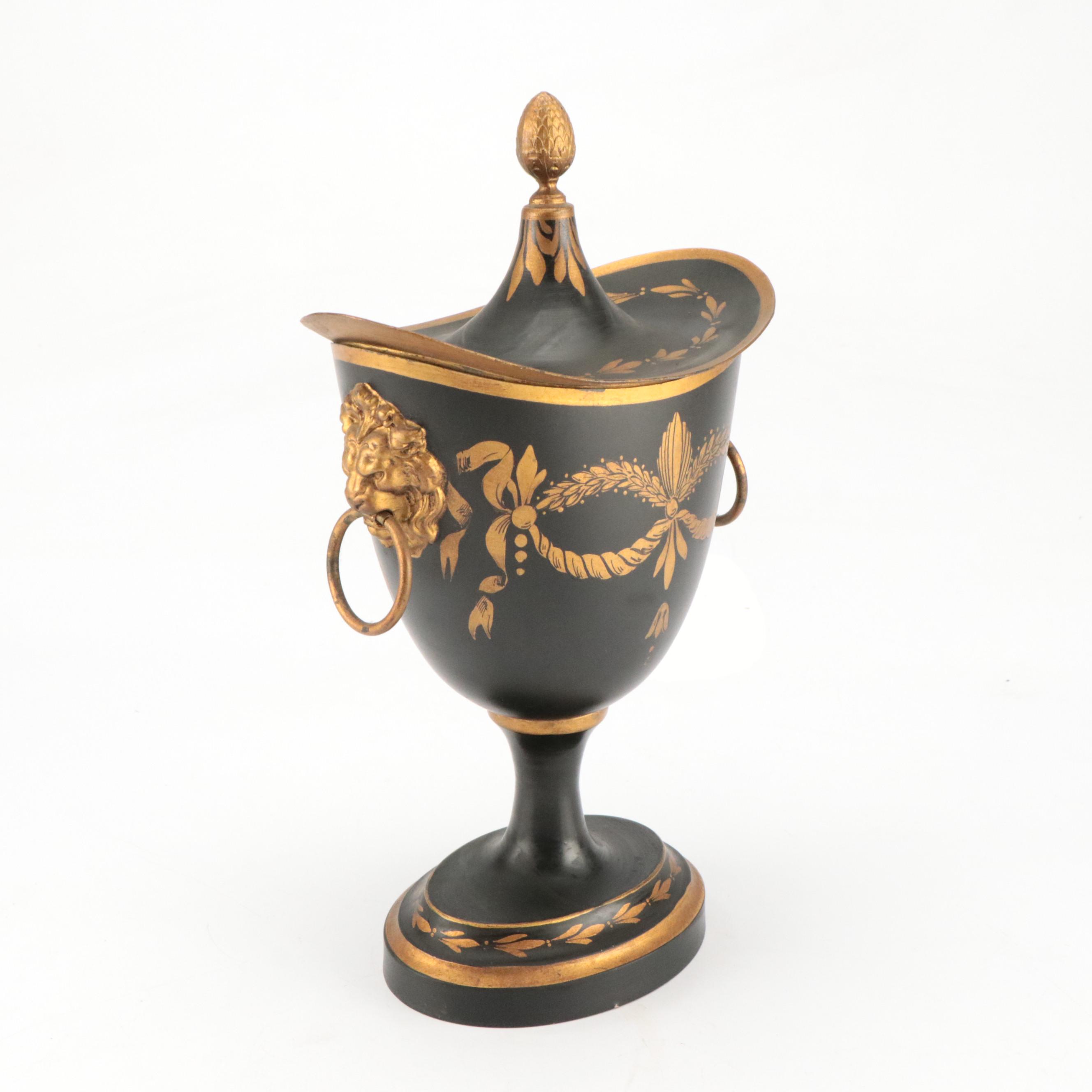 French Black and Gold Painted Tole Lidded Urn