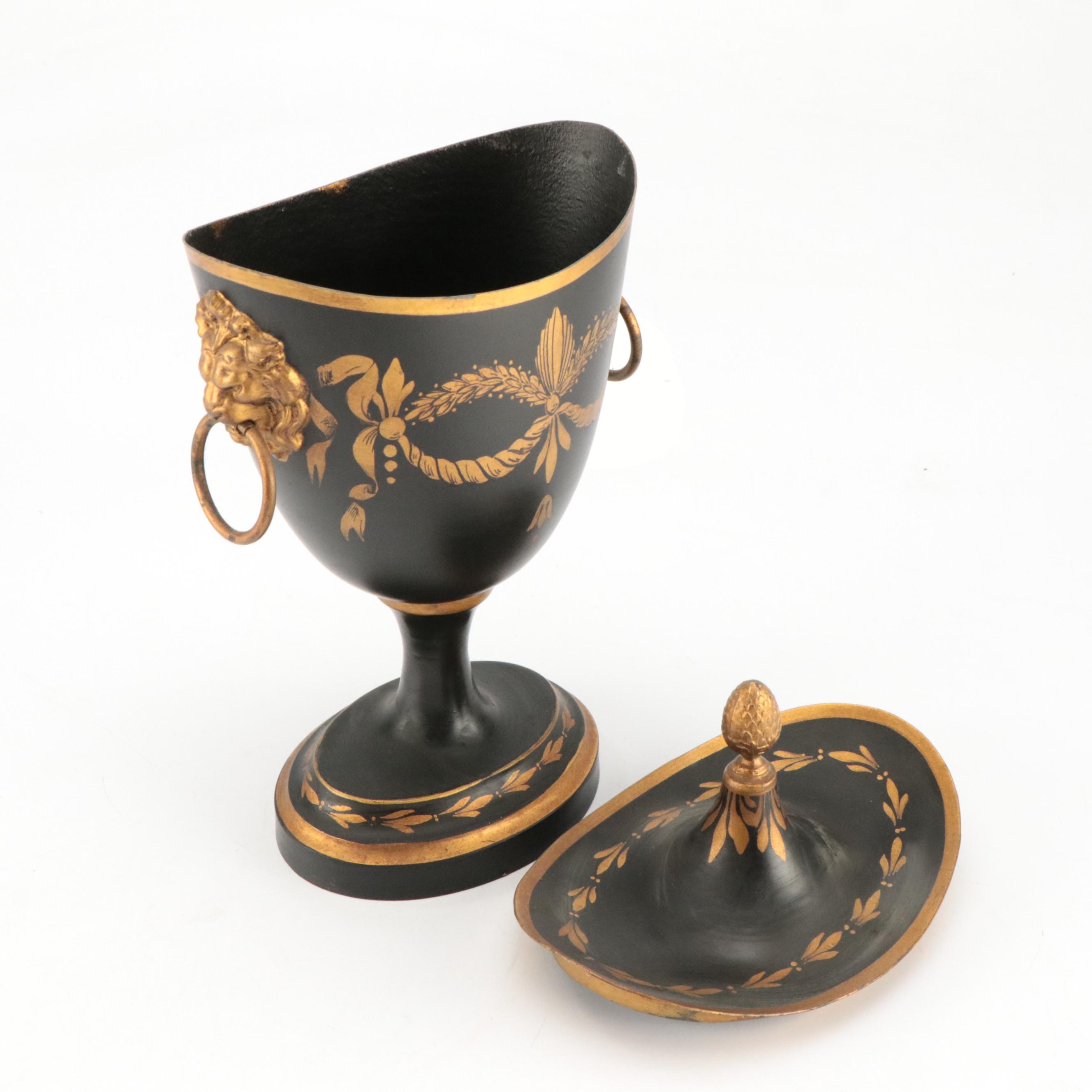 French Black and Gold Painted Tole Lidded Urn
