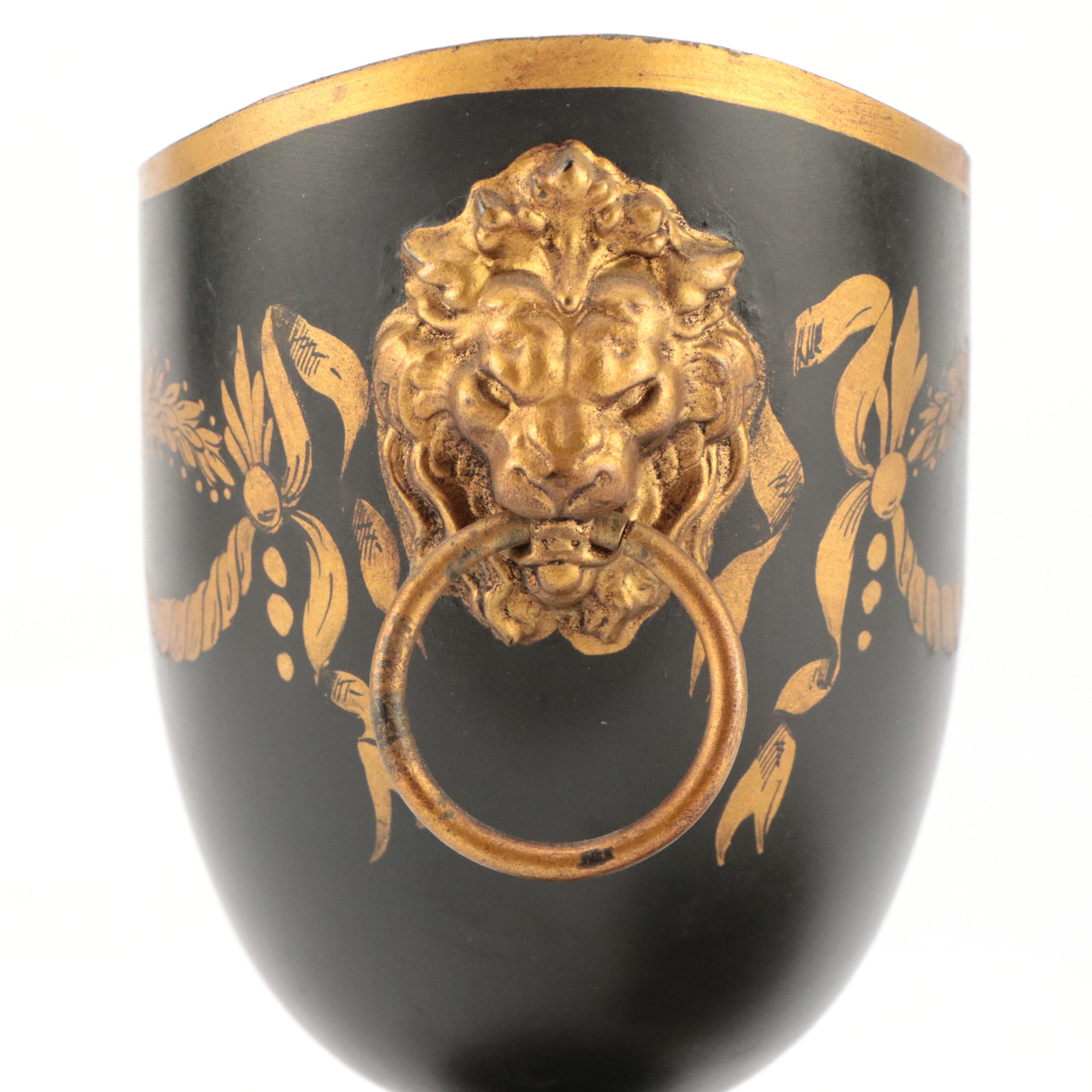 French Black and Gold Painted Tole Lidded Urn