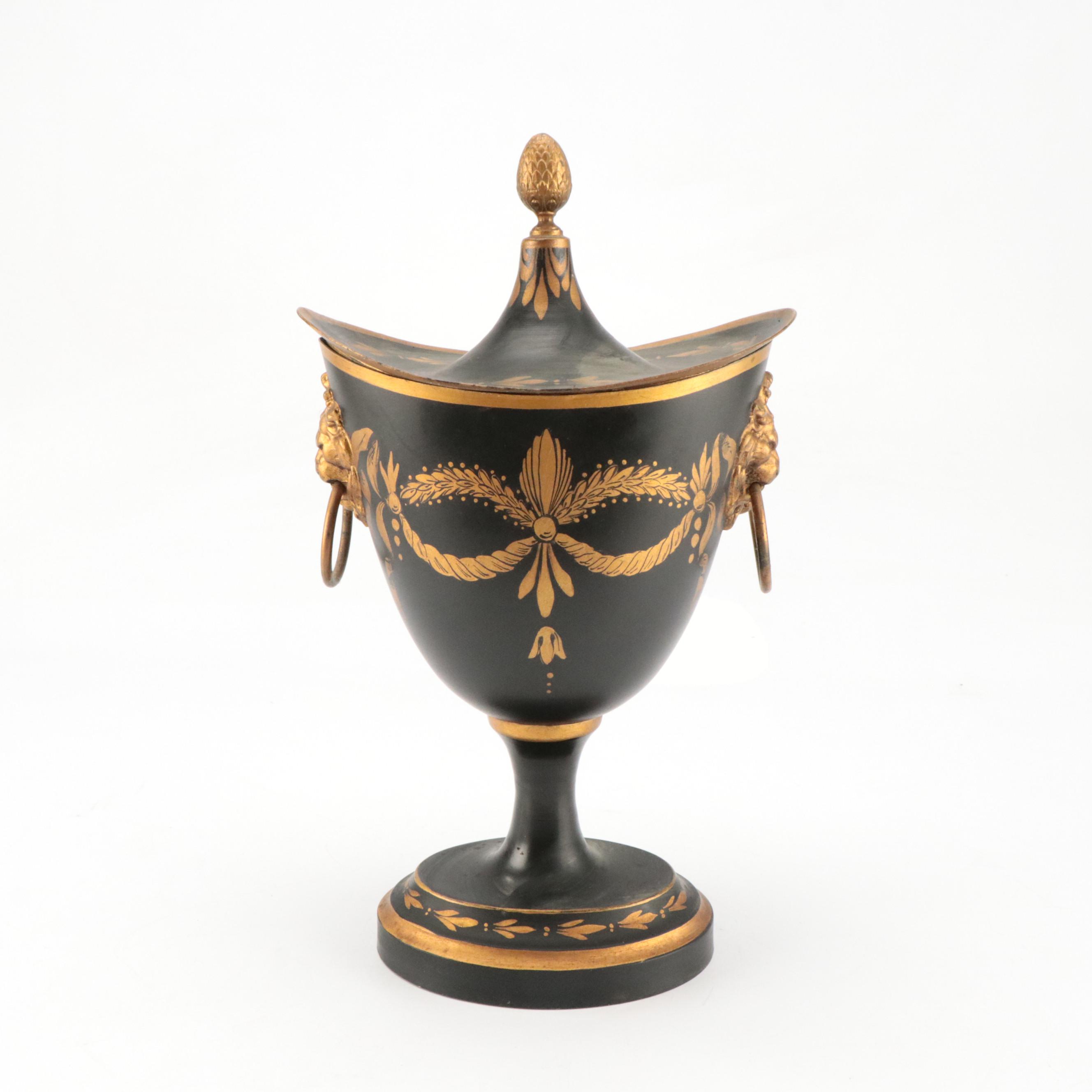 French Black and Gold Painted Tole Lidded Urn