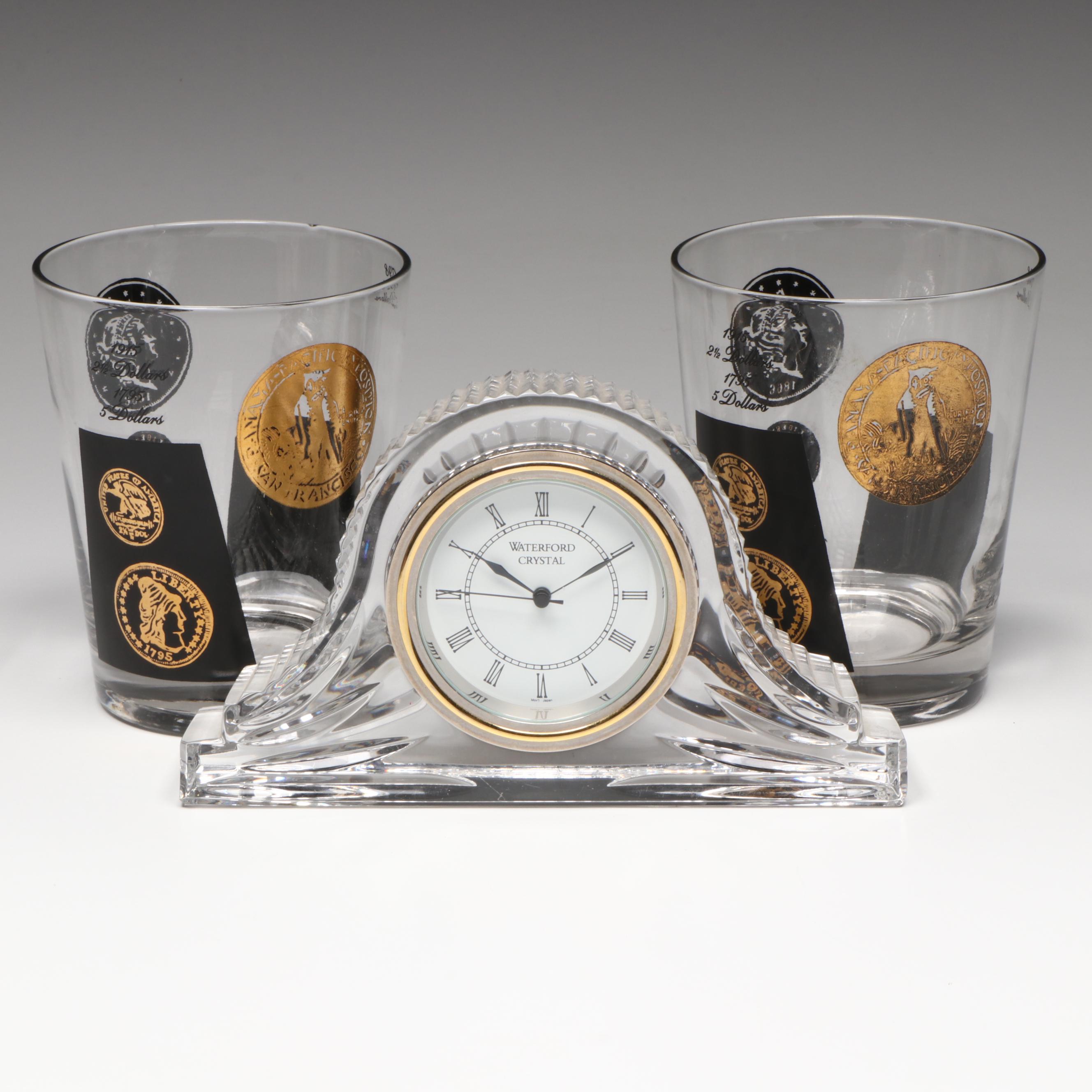 Waterford Crystal Desk Clock with Pair of Liberty Head Coin Rocks Glasses