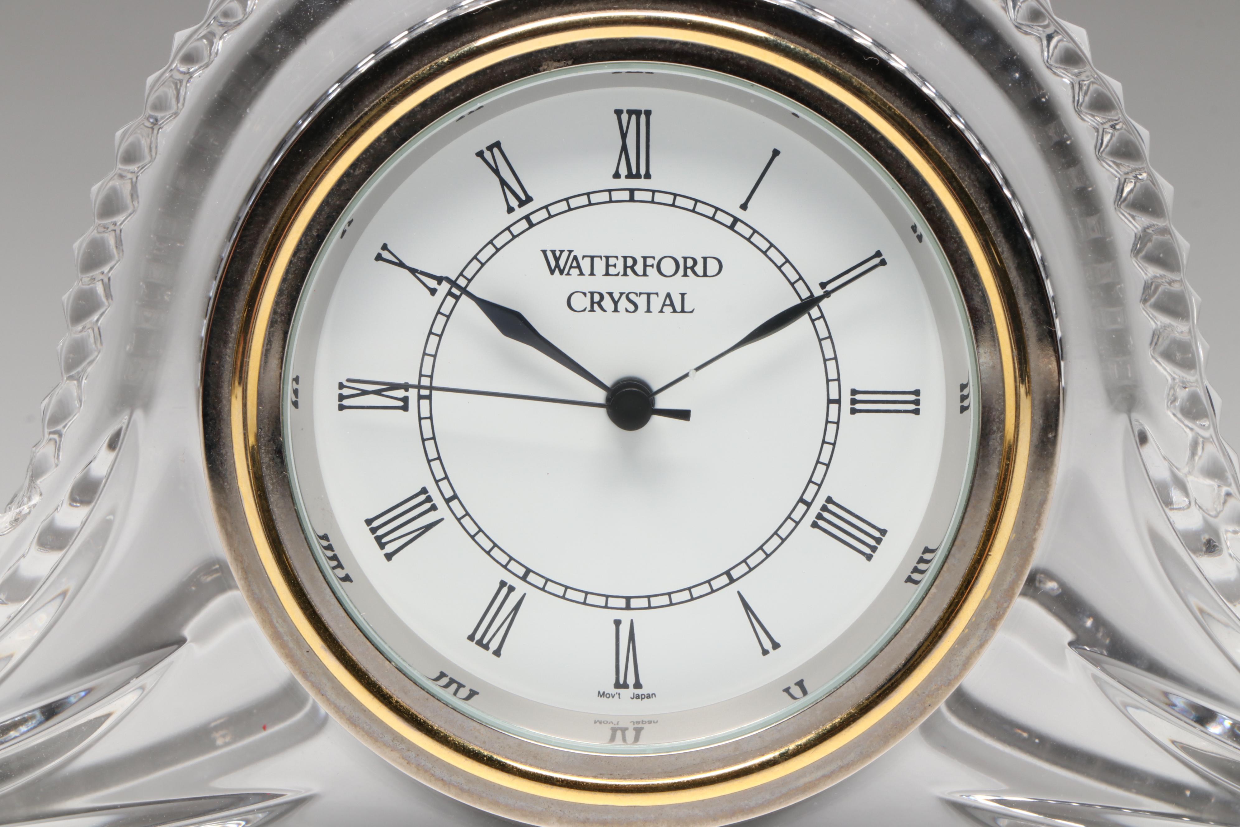 Waterford Crystal Desk Clock with Pair of Liberty Head Coin Rocks Glasses