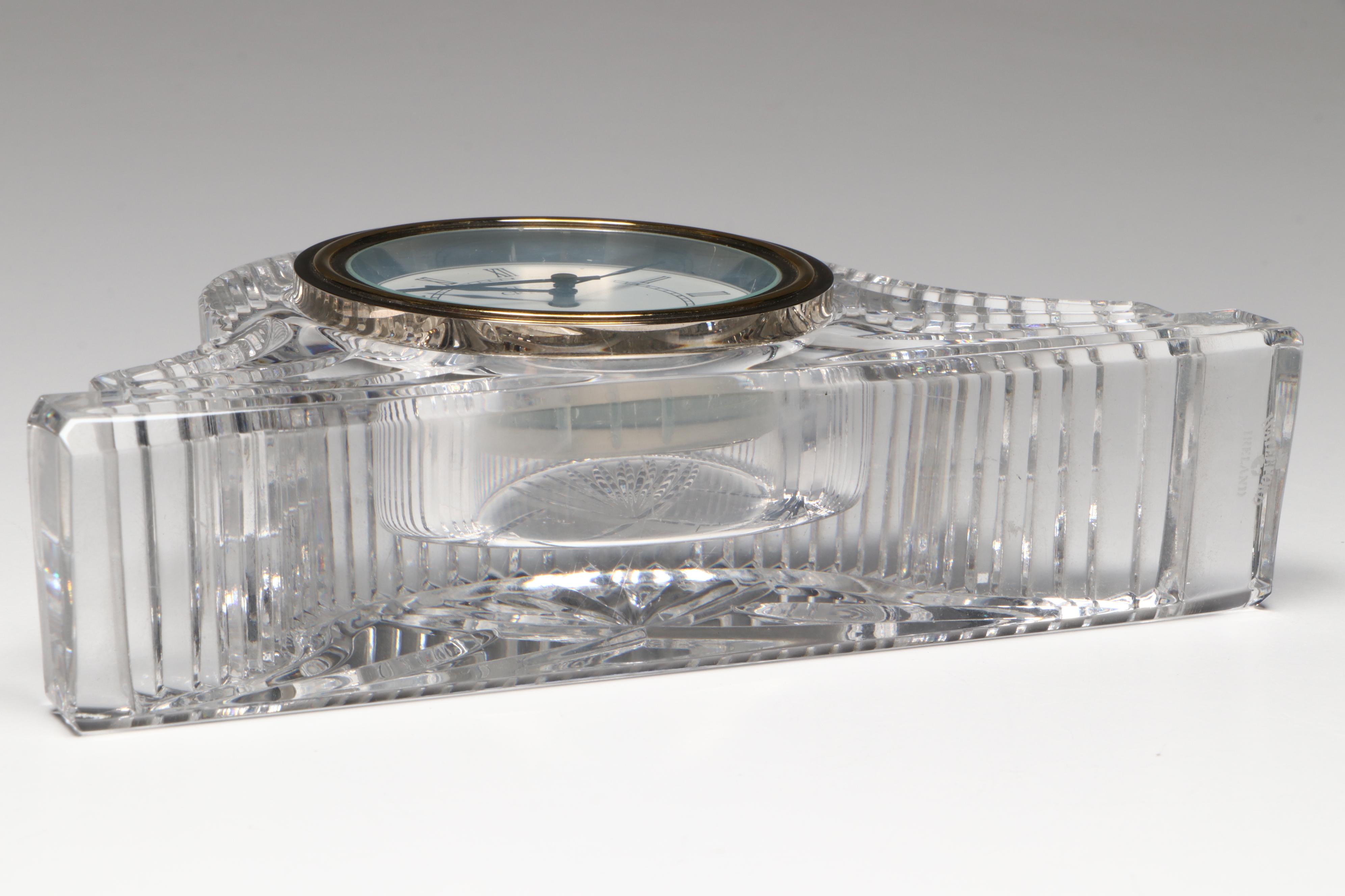 Waterford Crystal Desk Clock with Pair of Liberty Head Coin Rocks Glasses