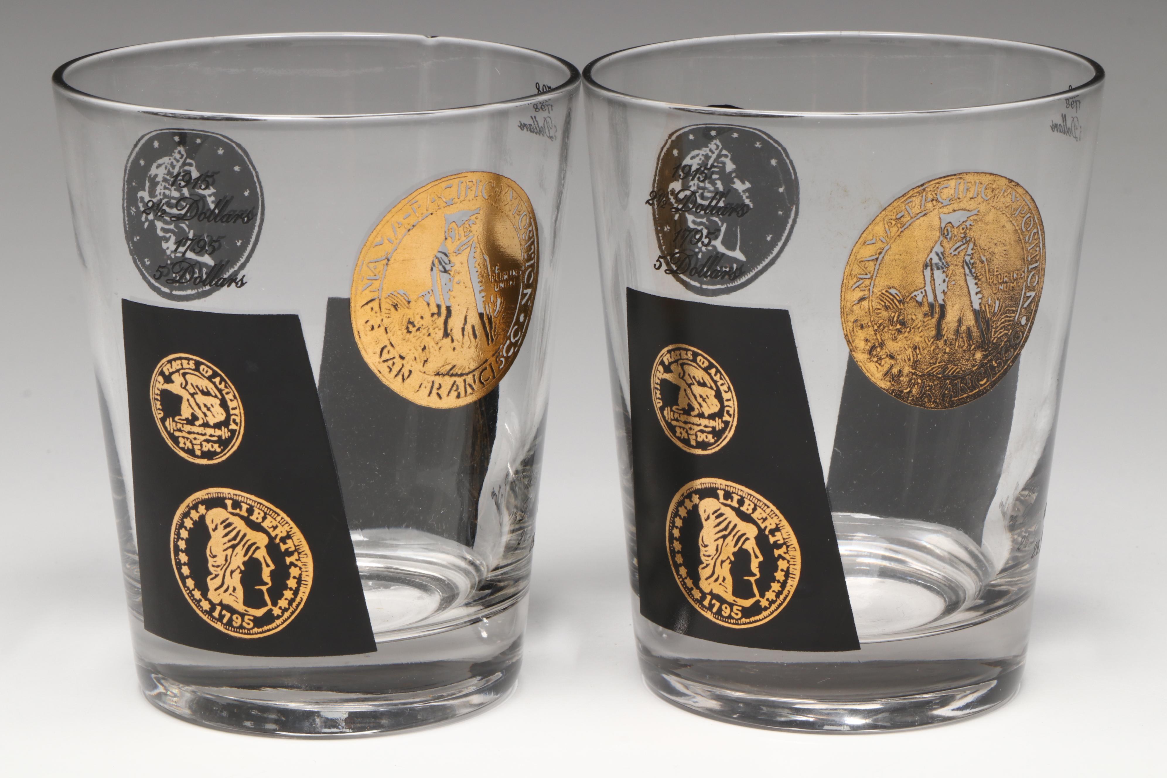 Waterford Crystal Desk Clock with Pair of Liberty Head Coin Rocks Glasses