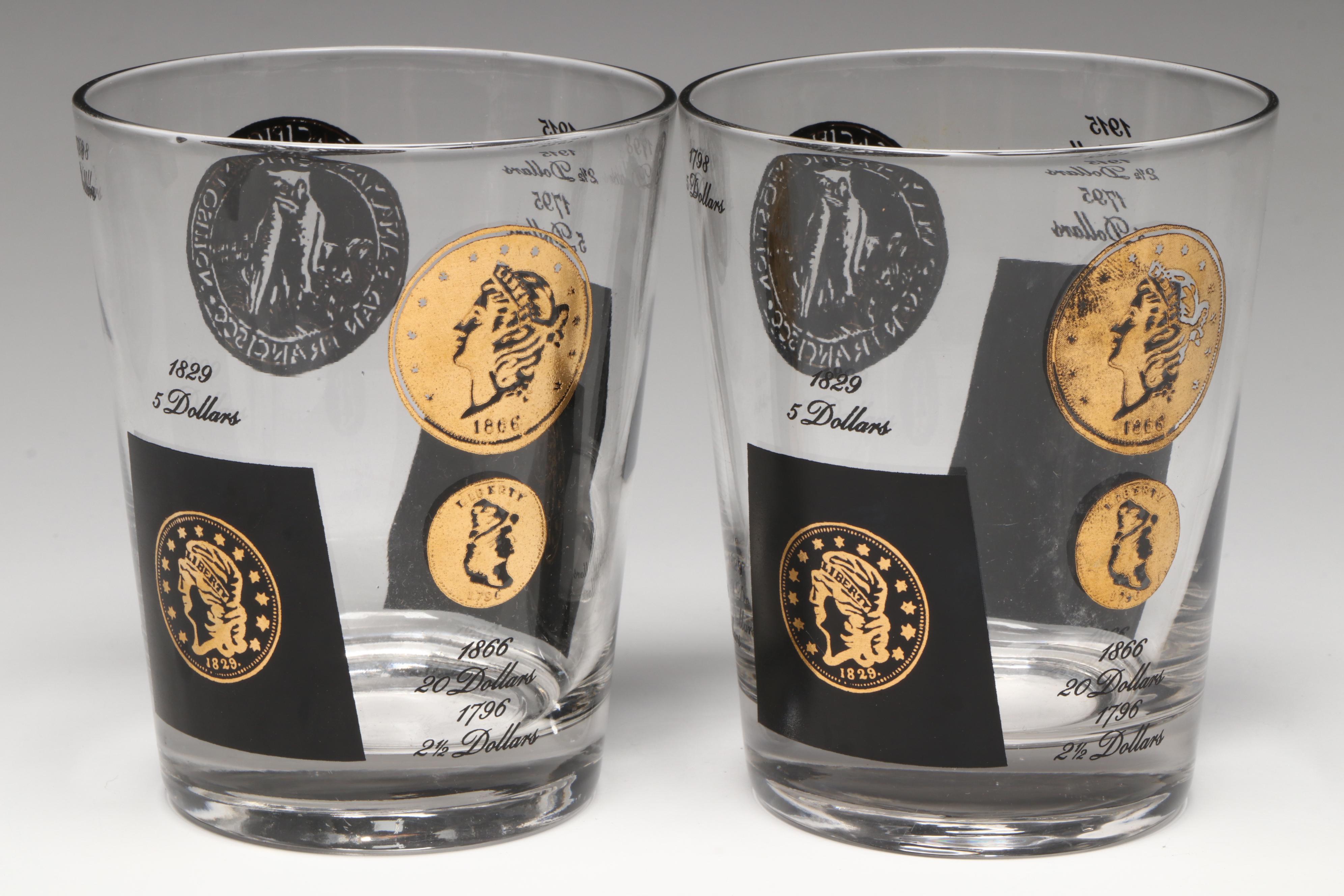 Waterford Crystal Desk Clock with Pair of Liberty Head Coin Rocks Glasses