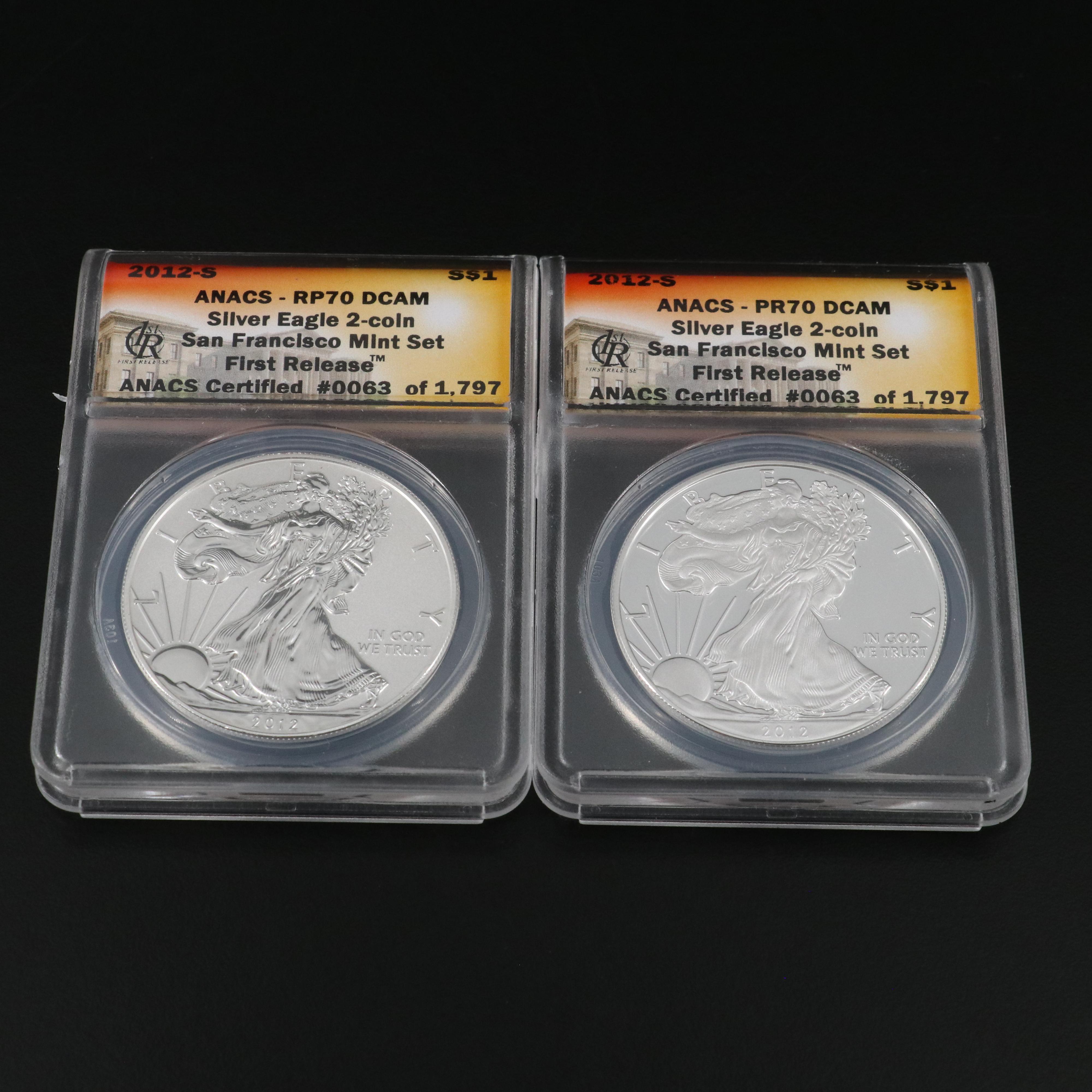 ANACS PR 70 Set of 2012-S American Eagle Proof and Reverse Proof Silver Eagles