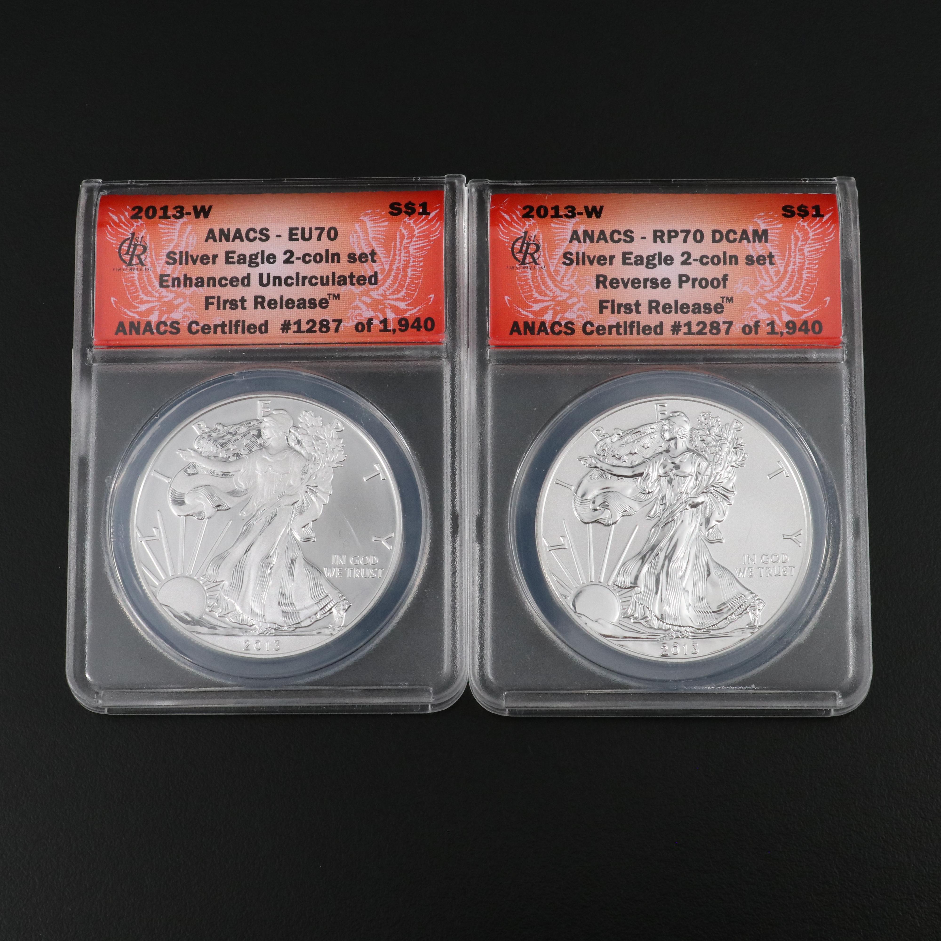ANACS PR 70 and enhanced set of 2013-W American Eagle Silver Coins