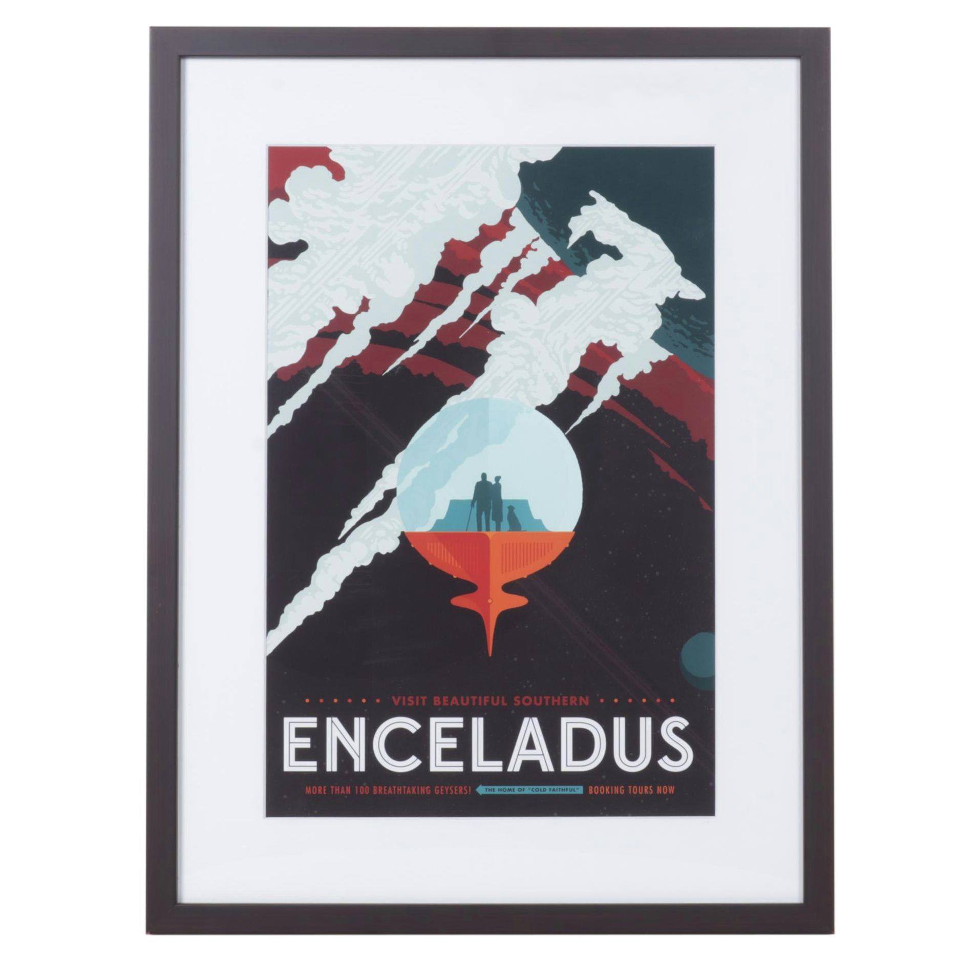 Retro-Futuristic "Enceladus" Travel Poster in Frame