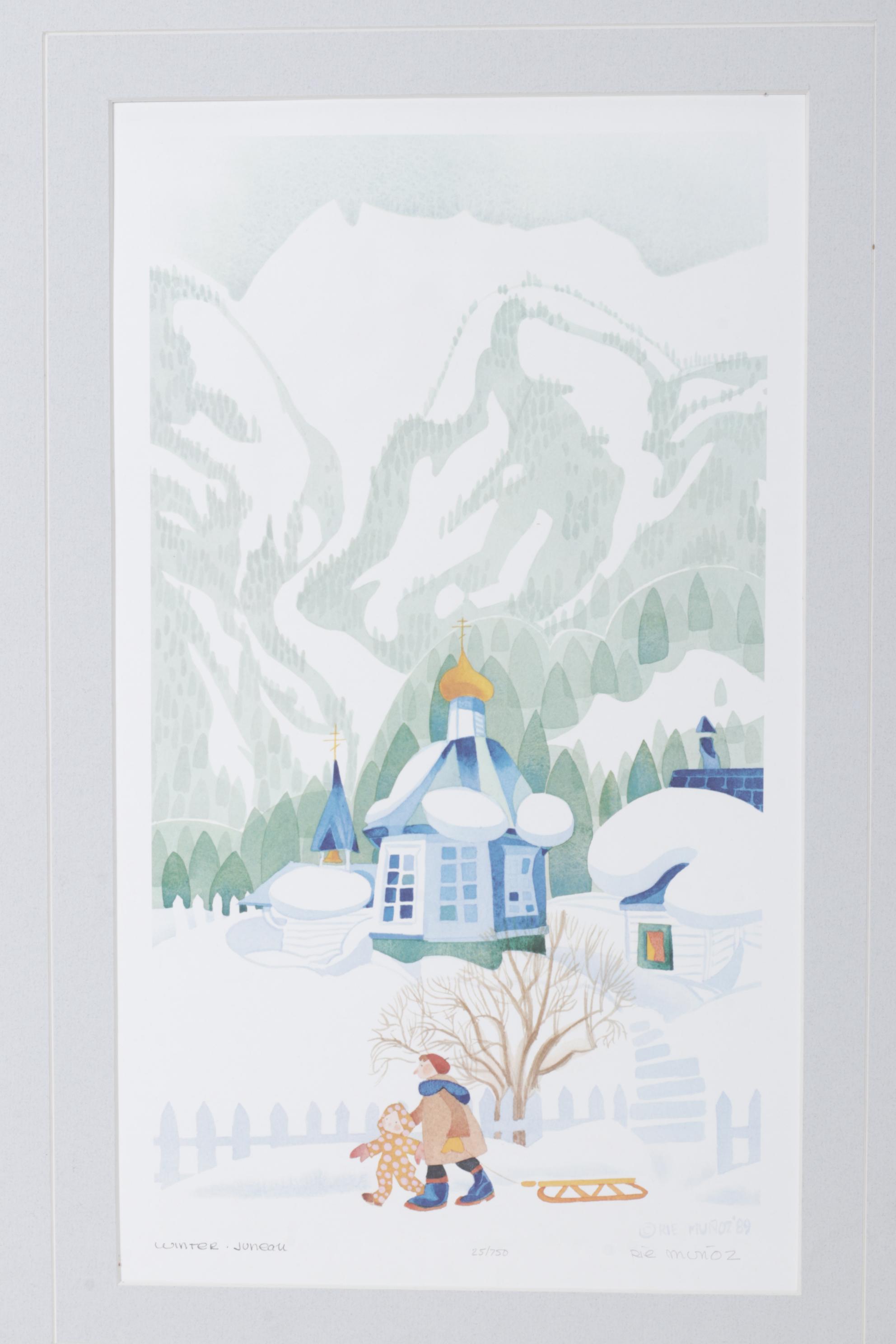 Rie Muñoz Offset Lithograph "Church is Out" and "Winter", Late 20th C.