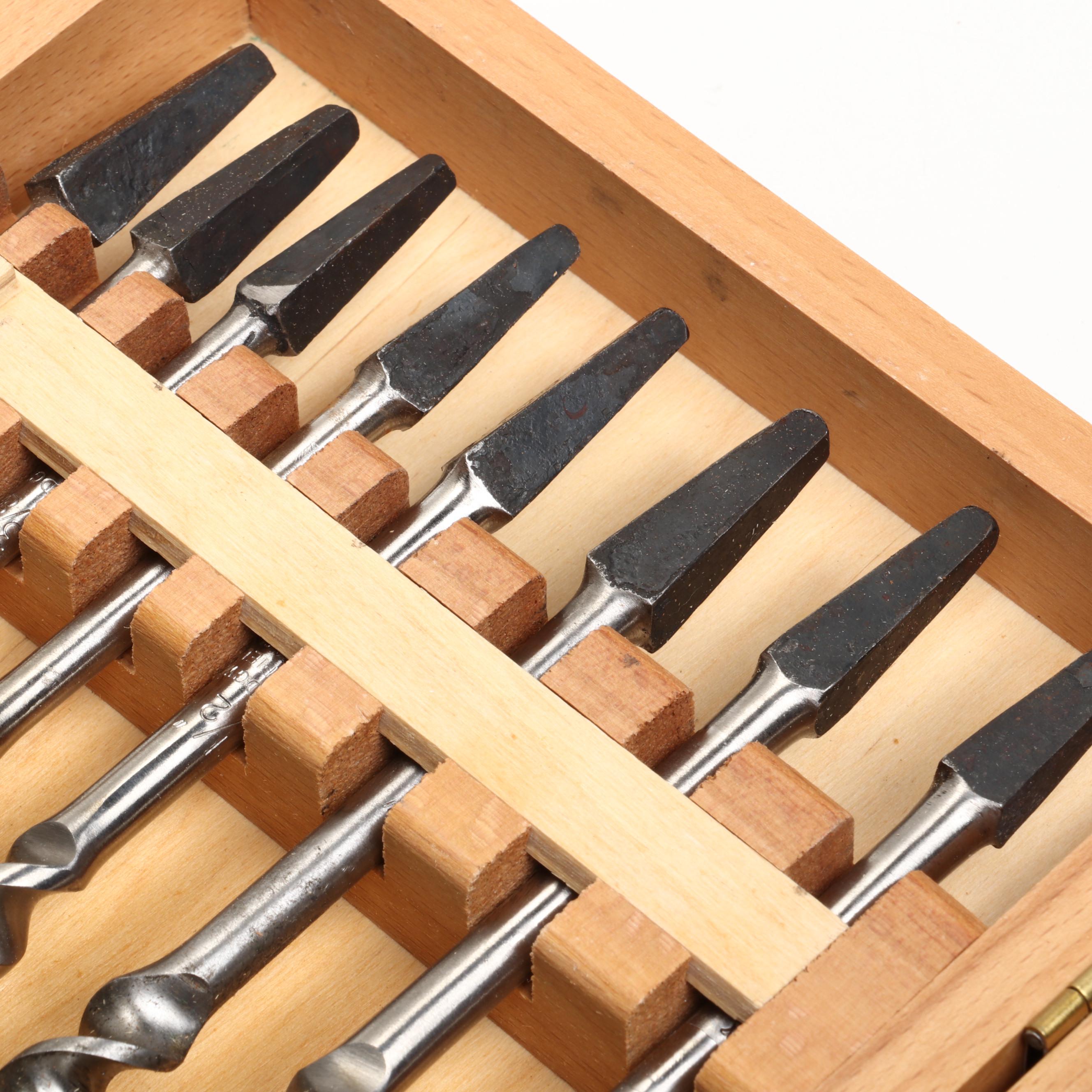 Ridgway 13 Pc. Auger Bit Set with Stanley 3" Radius Brace Drill, 1970s