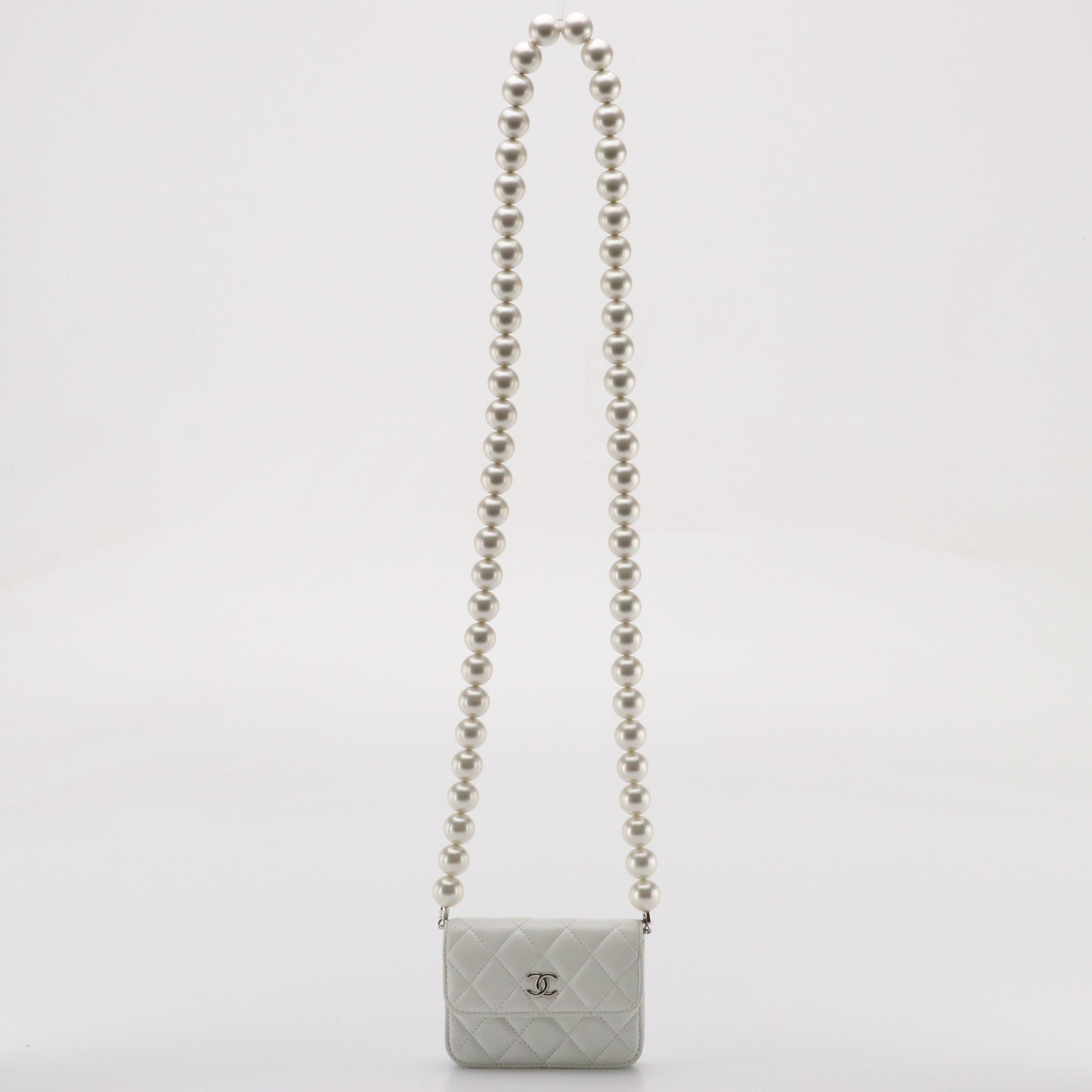 Chanel Matelassé Shimmery Leather Mini Card Wallet with Maxi Pearls Strap