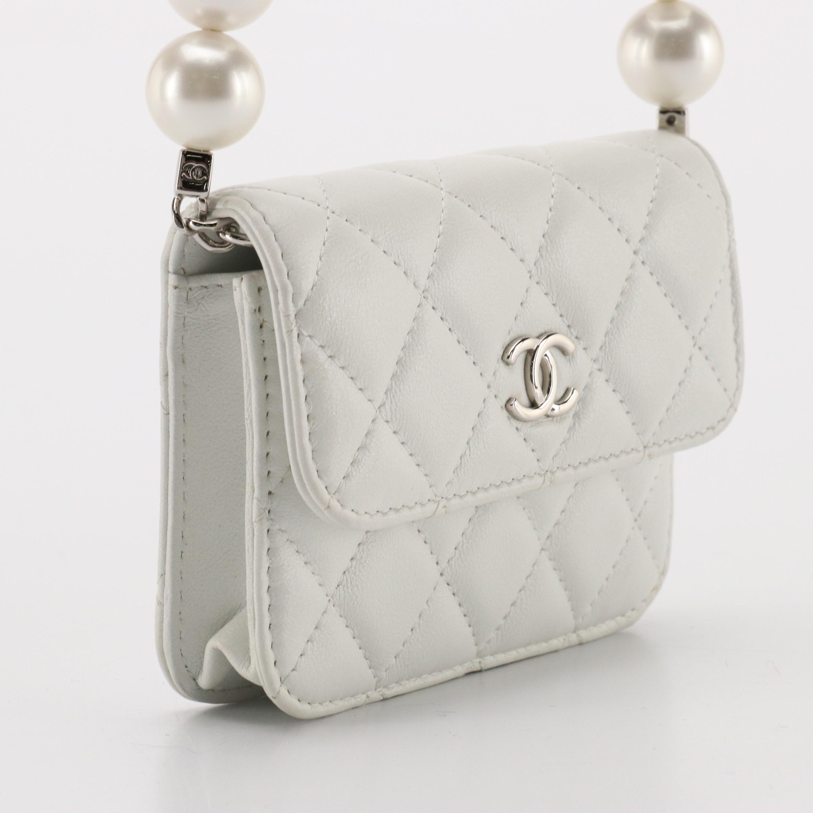 Chanel Matelassé Shimmery Leather Mini Card Wallet with Maxi Pearls Strap