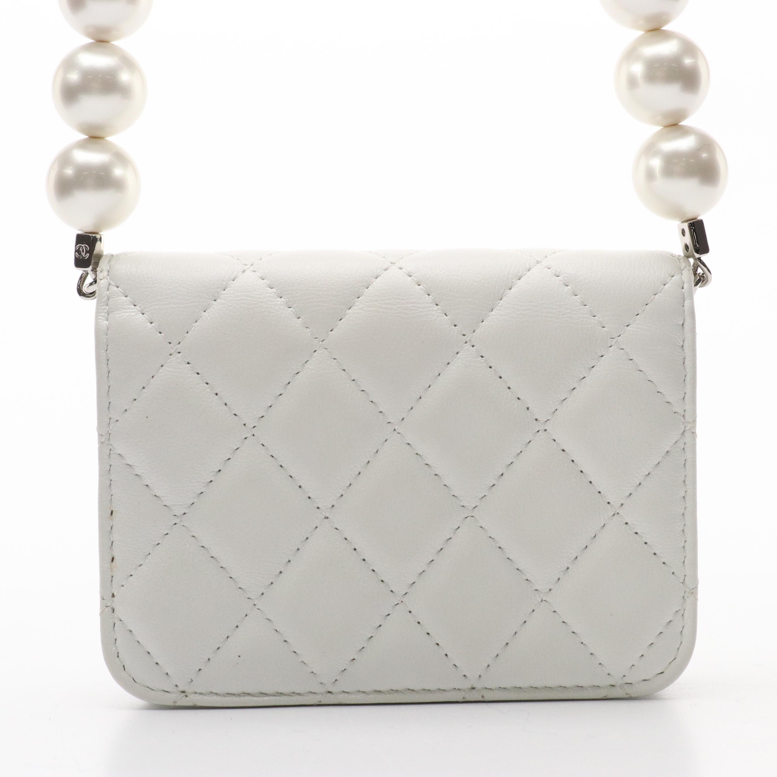 Chanel Matelassé Shimmery Leather Mini Card Wallet with Maxi Pearls Strap