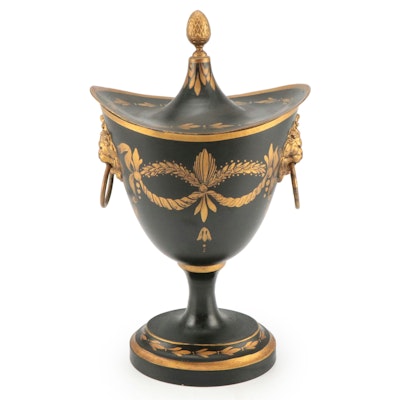 French Black and Gold Painted Tole Lidded Urn French Black and Gold Painted Tole Lidded Urn
