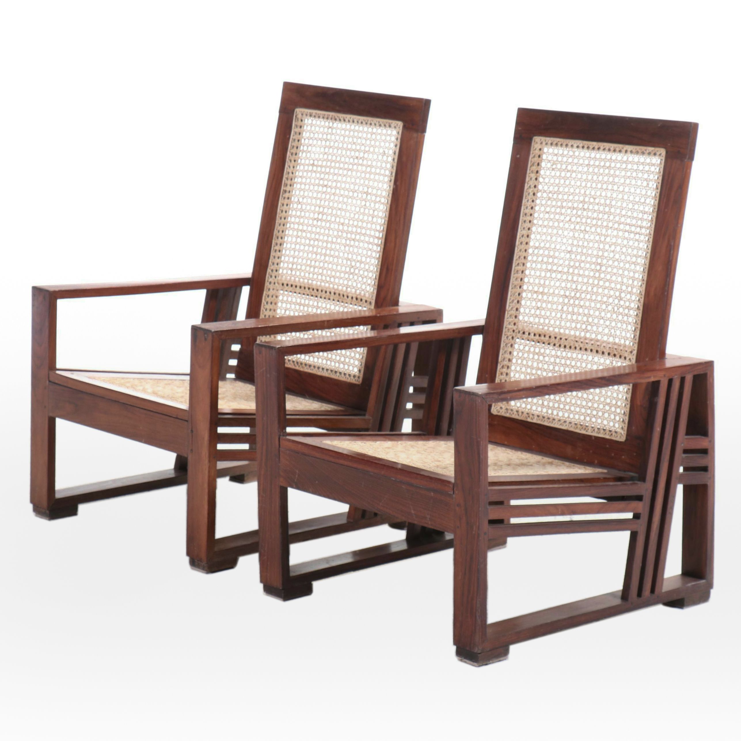Pair of Art Deco Style Rosewood and Caned Lounge Chairs, 20th Century