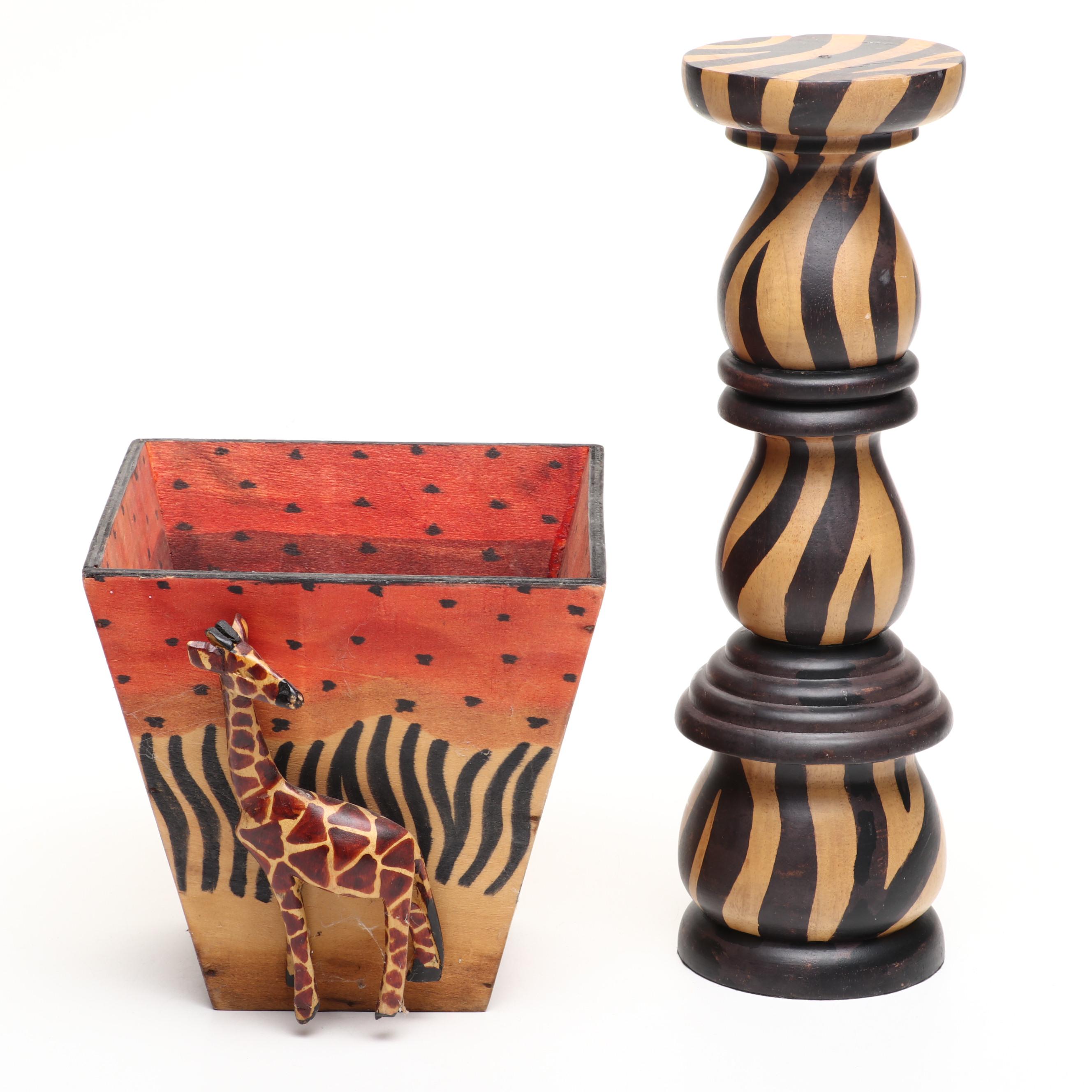 Wooden Planter with Giraffe Relief and Wooden Candle Holder