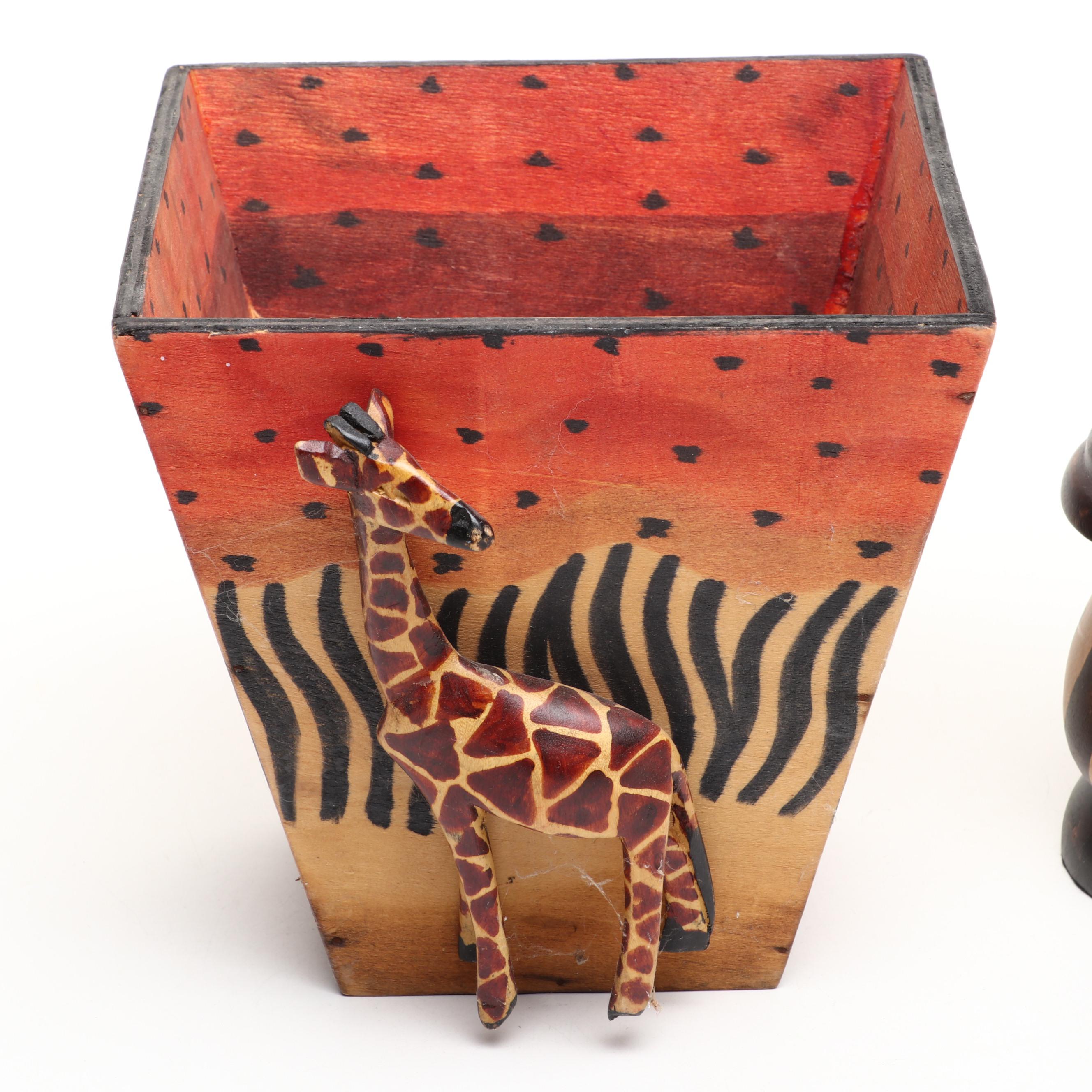 Wooden Planter with Giraffe Relief and Wooden Candle Holder