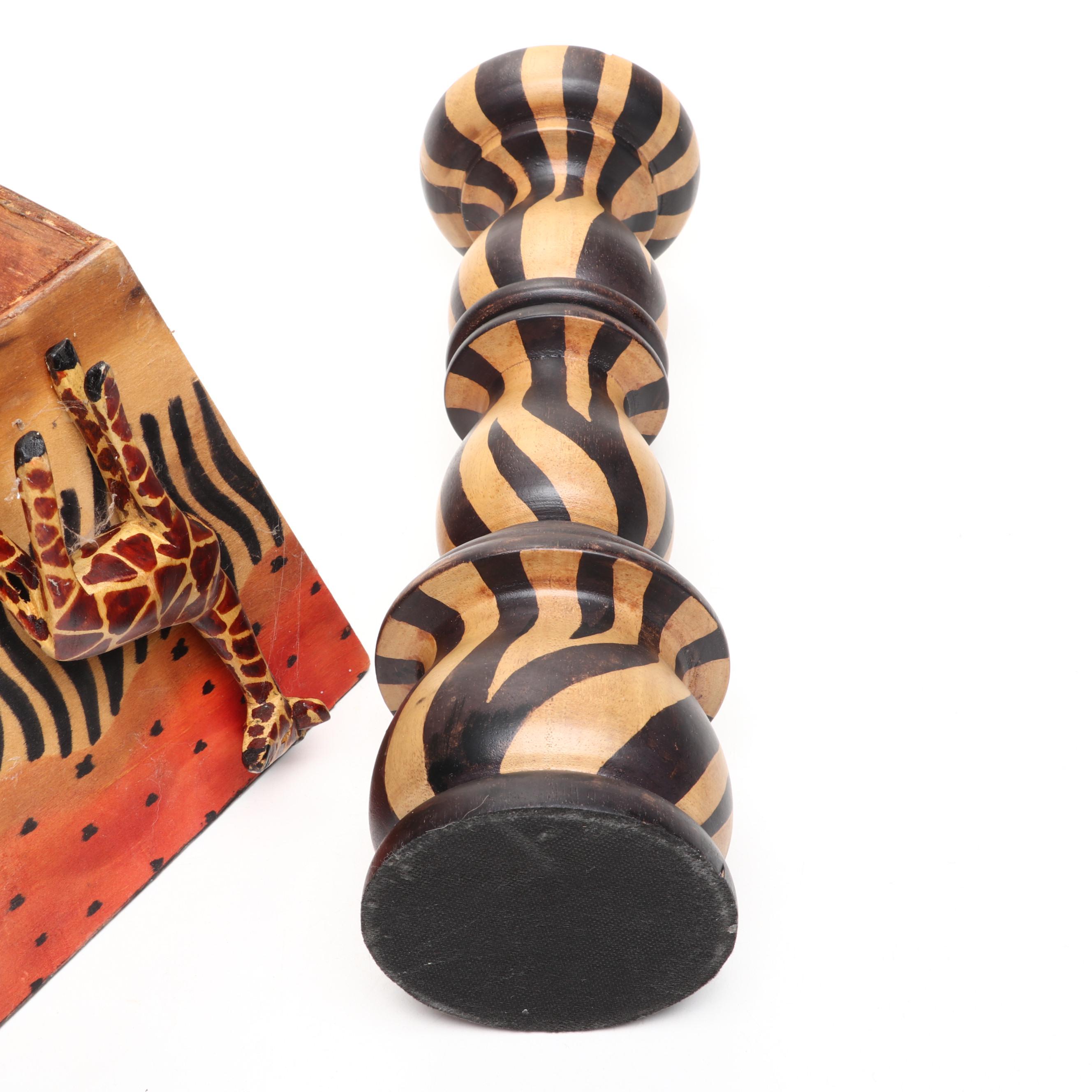 Wooden Planter with Giraffe Relief and Wooden Candle Holder