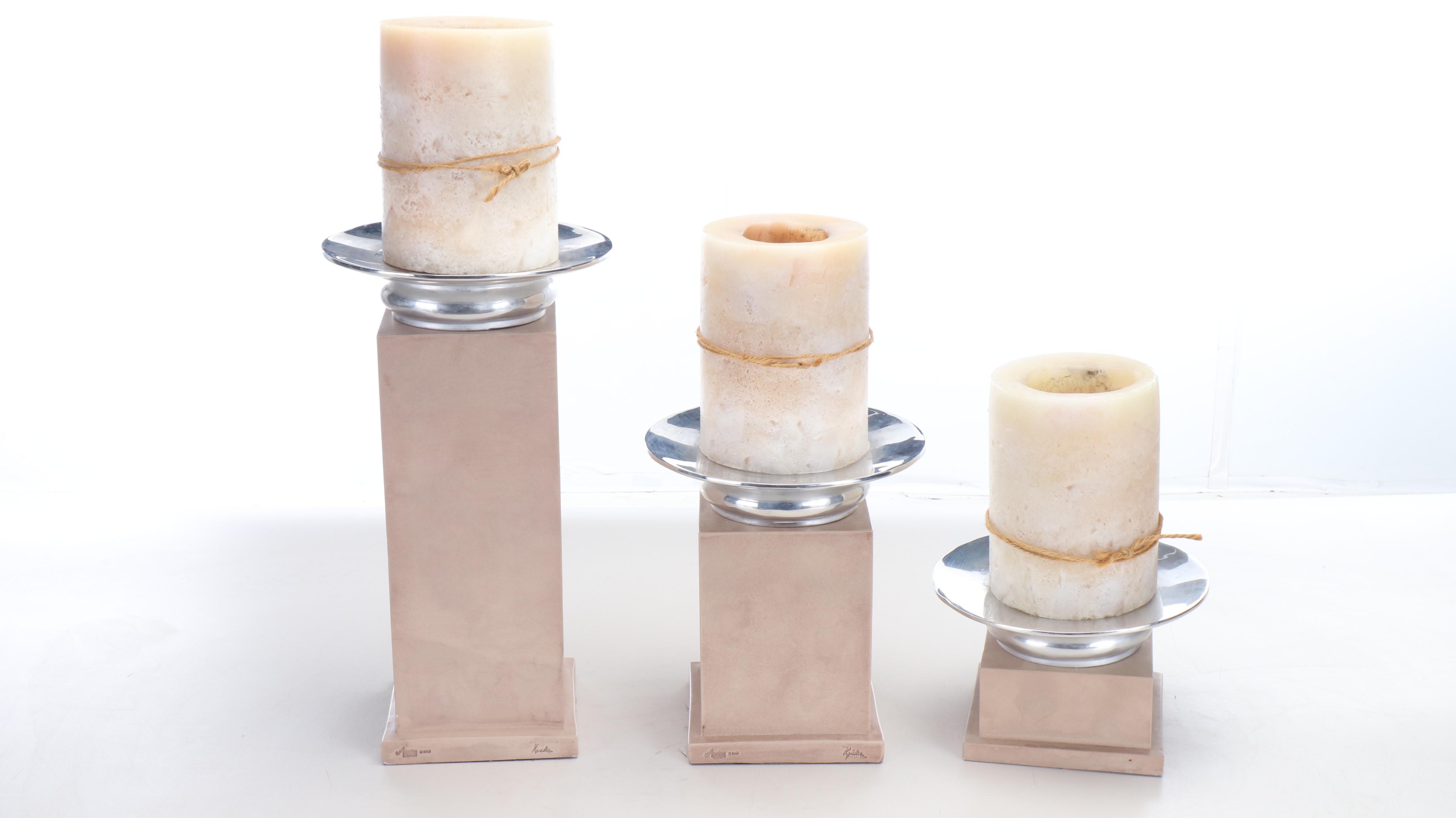 Austin Sculpture Large Ceramic and Glass Candle Holders with Wax Candles