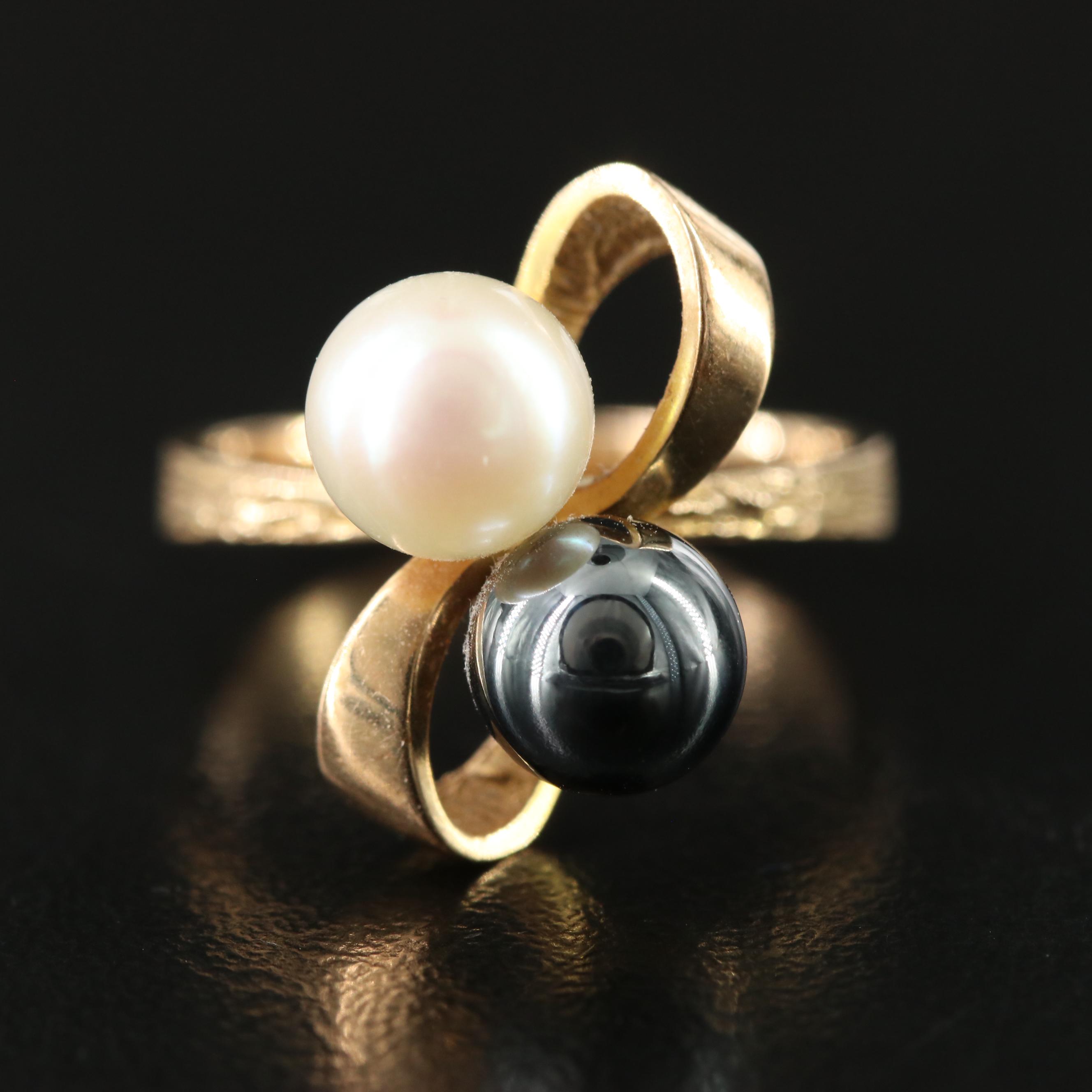 14K Hematite and Pearl Ribbon Bow Ring