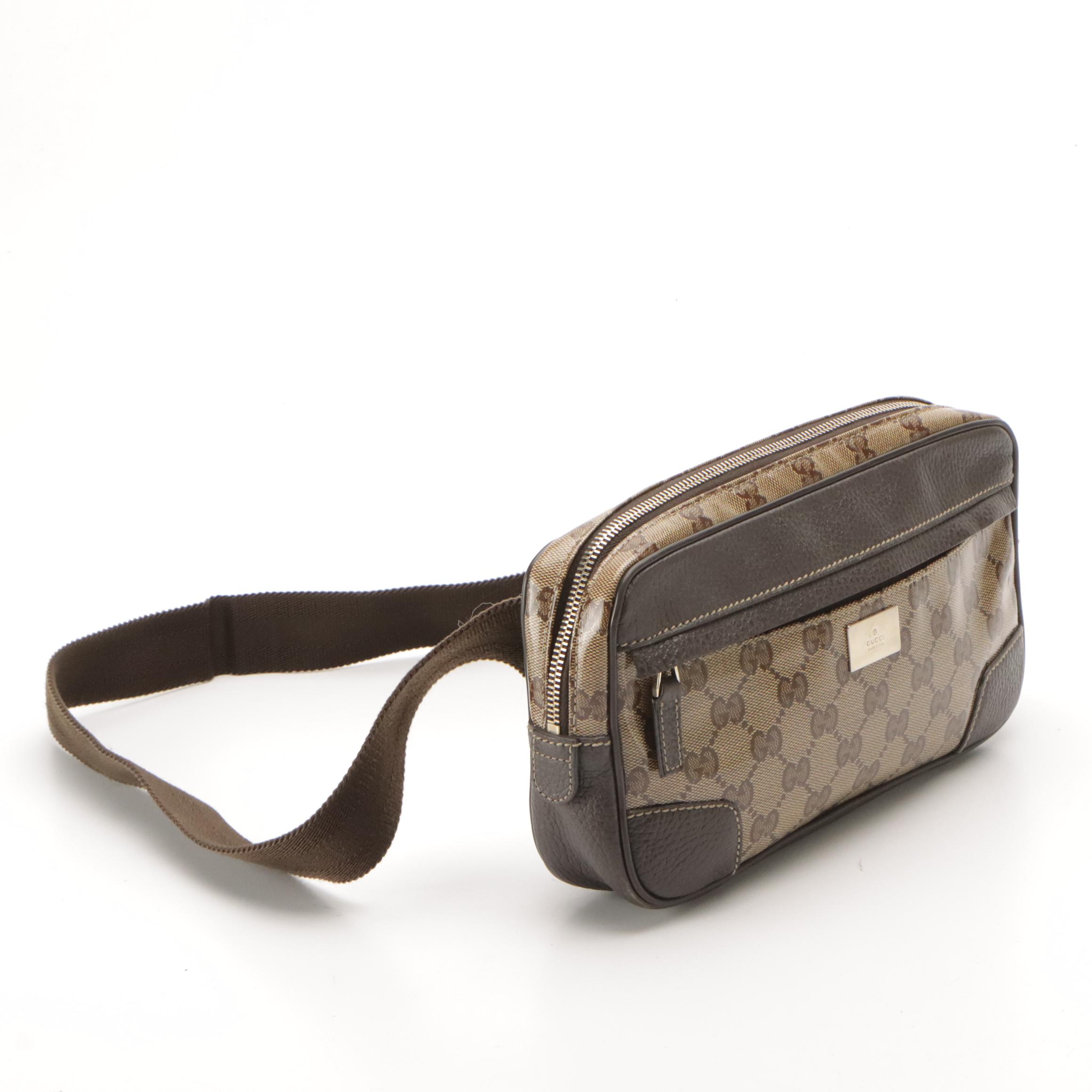 Gucci Belt Bag in GG Crystal Canvas and Brown Leather